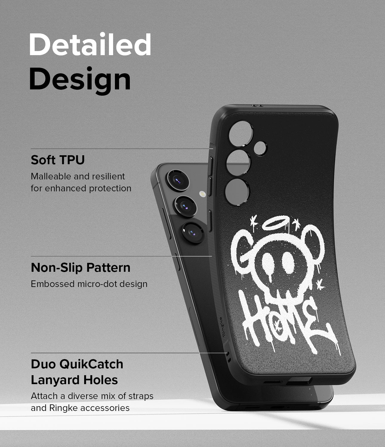 Galaxy S24 Plus Case | Onyx Design - Graffiti 2 - Detailed Design. Malleable and resilient for enhanced protection with Soft TPU. Embossed micro-dot design with non-slip pattern. Attach a diverse mix of straps and Ringke accessories with Duo QuikCatch Lanyard Holes.