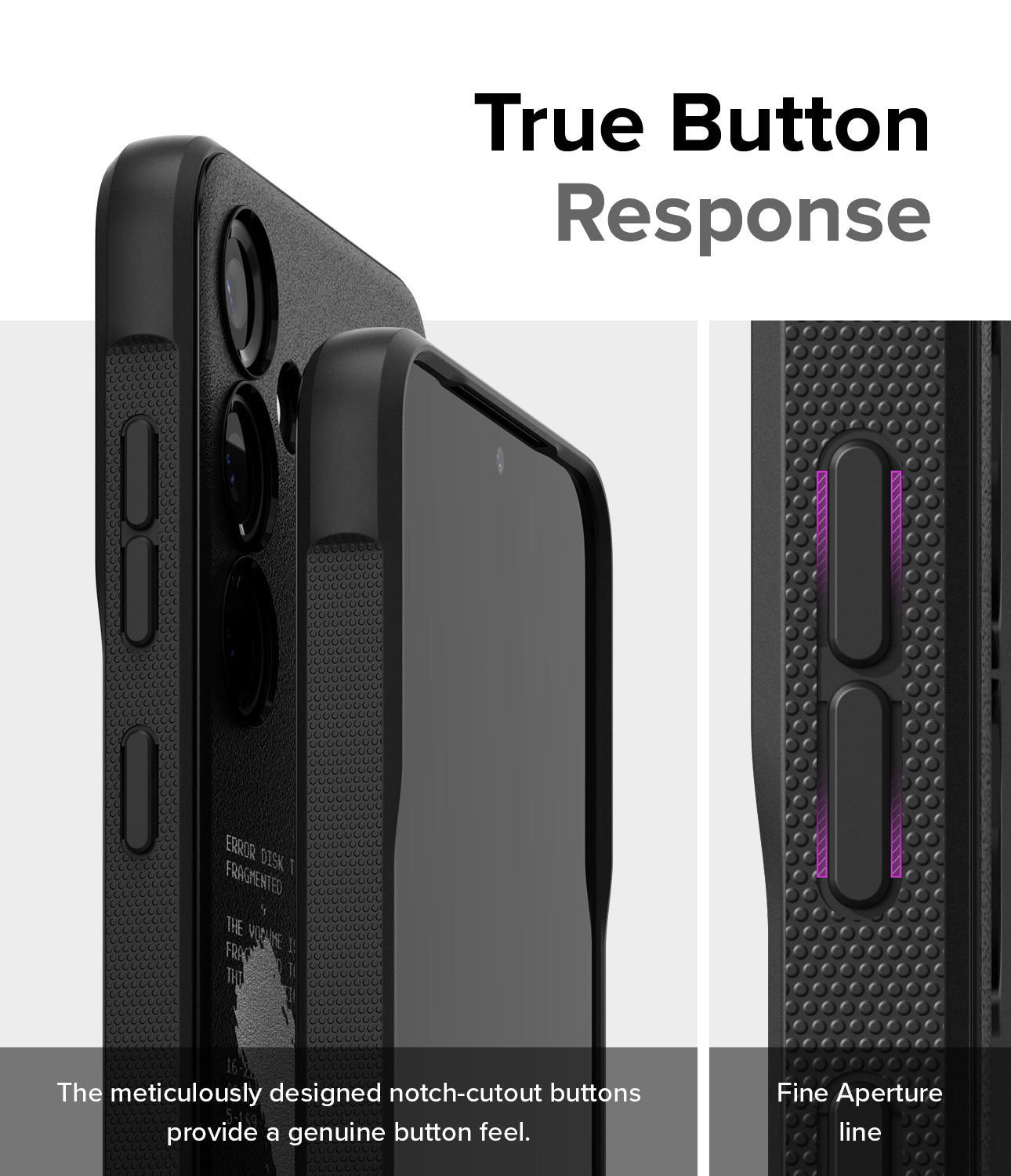 Galaxy S24 Case | Onyx Design - X - True Button Response. The meticulously designed notch-cutout buttons provide a genuine button feel. Fine Aperture Line.