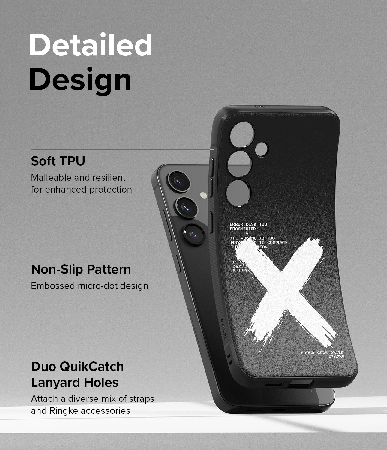 Galaxy S24 Plus Case | Onyx Design - X - Detailed Design. Malleable and resilient for enhanced protection with Soft TPU. Embossed micro-dot design with Non-Slip Pattern. Attach a diverse mix of straps and Ringke accessories with Duo QuikCatch Lanyard Holes.