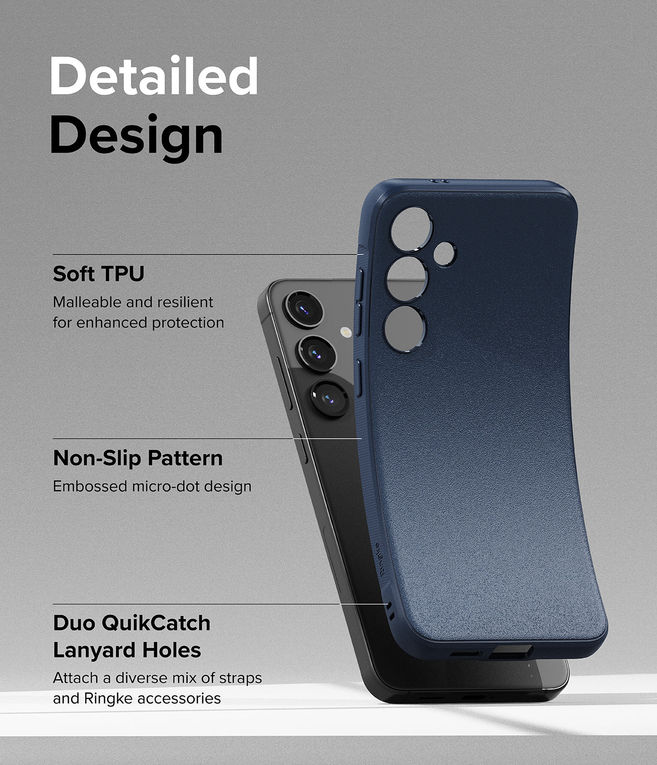 Galaxy S24 Plus Case | Onyx - Navy - Detailed Design. Malleable and resilient for enhanced protection with Soft TPU. Embossed micro-dot design with Non-Slip Pattern. Attach a diverse mix of straps and Ringke accessories.