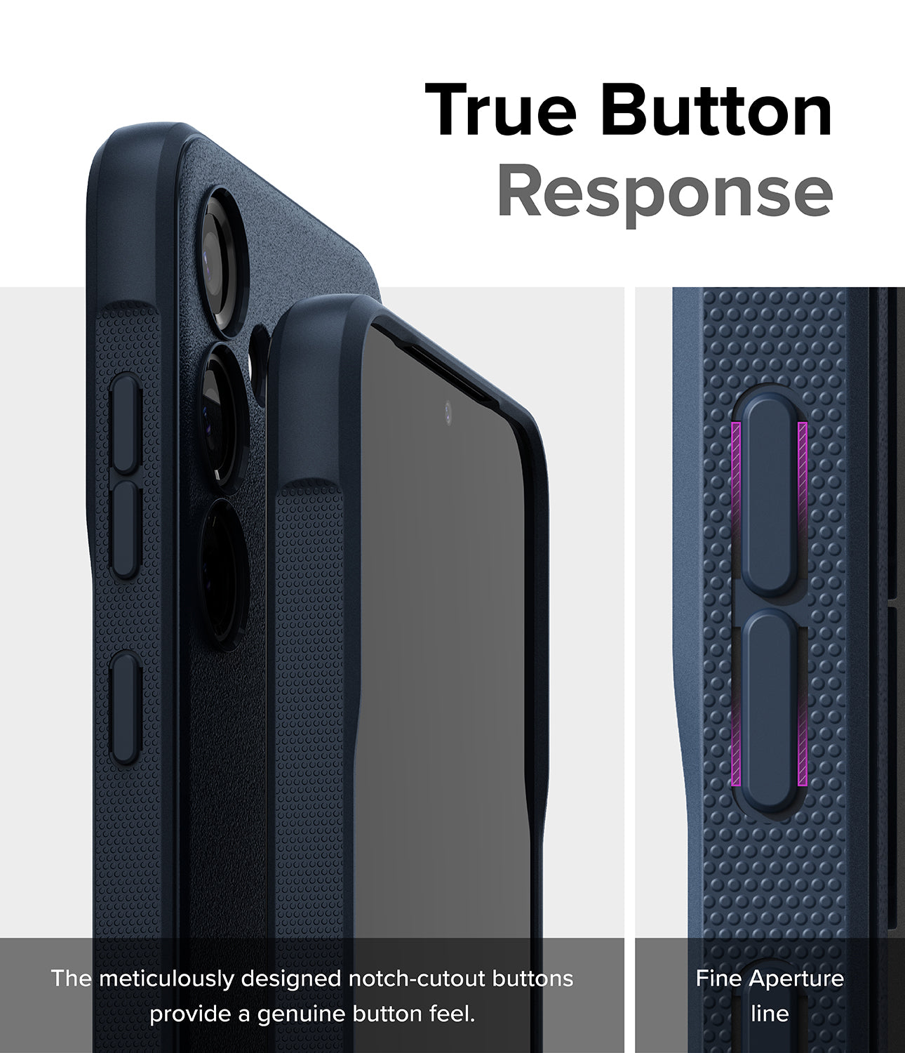 Galaxy S24 Plus Case | Onyx - Navy - True Button Response. The meticulously designed notch-cutout buttons provide a genuine button feel. Fine Aperture Line.