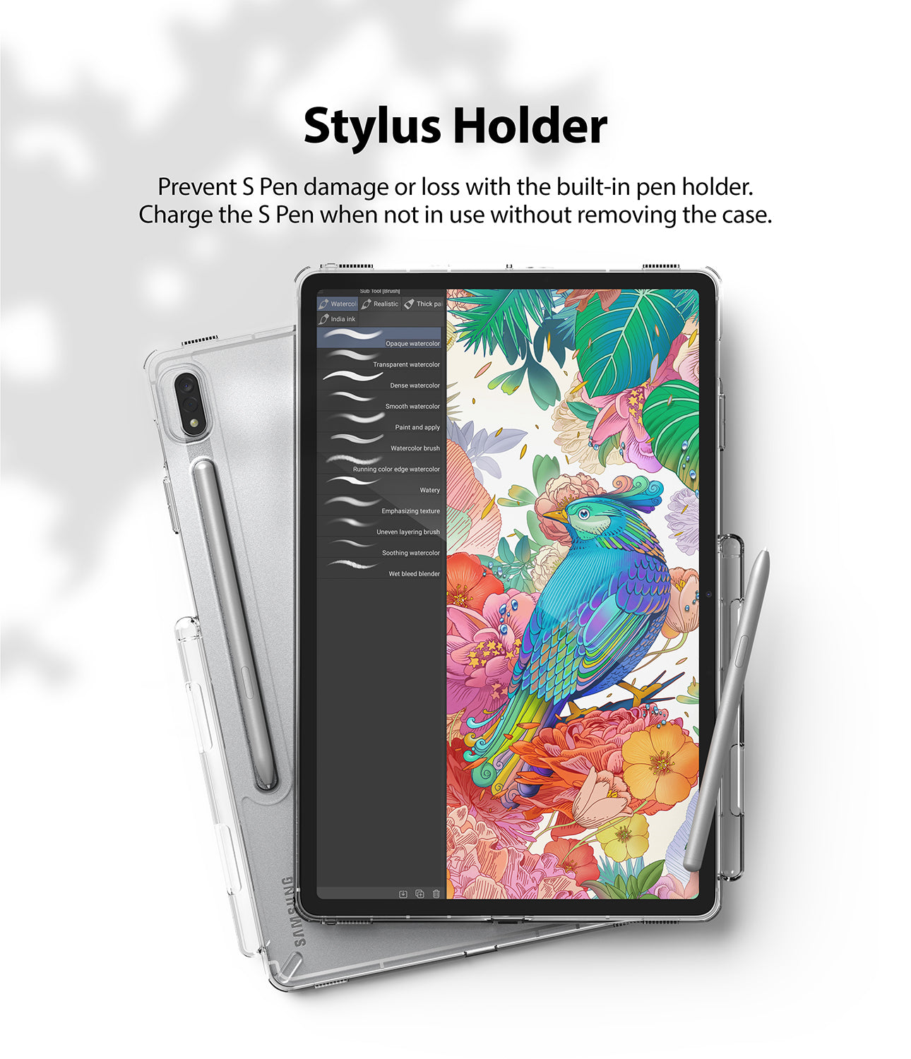 prevent s pen damage or loss with the built-in pen holder. charge the s pen when not in sue without removing the case