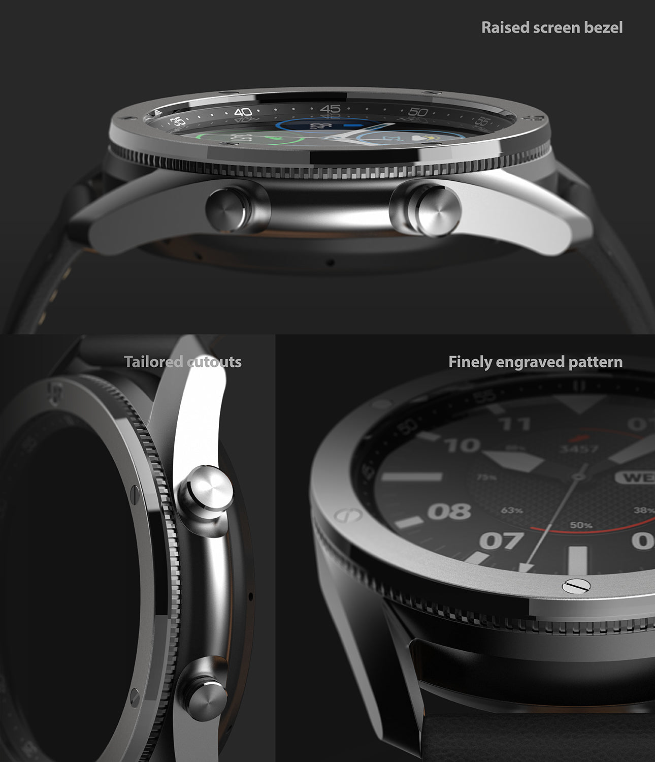 raised screen bezel, tailored cutouts, finely engraved pattern