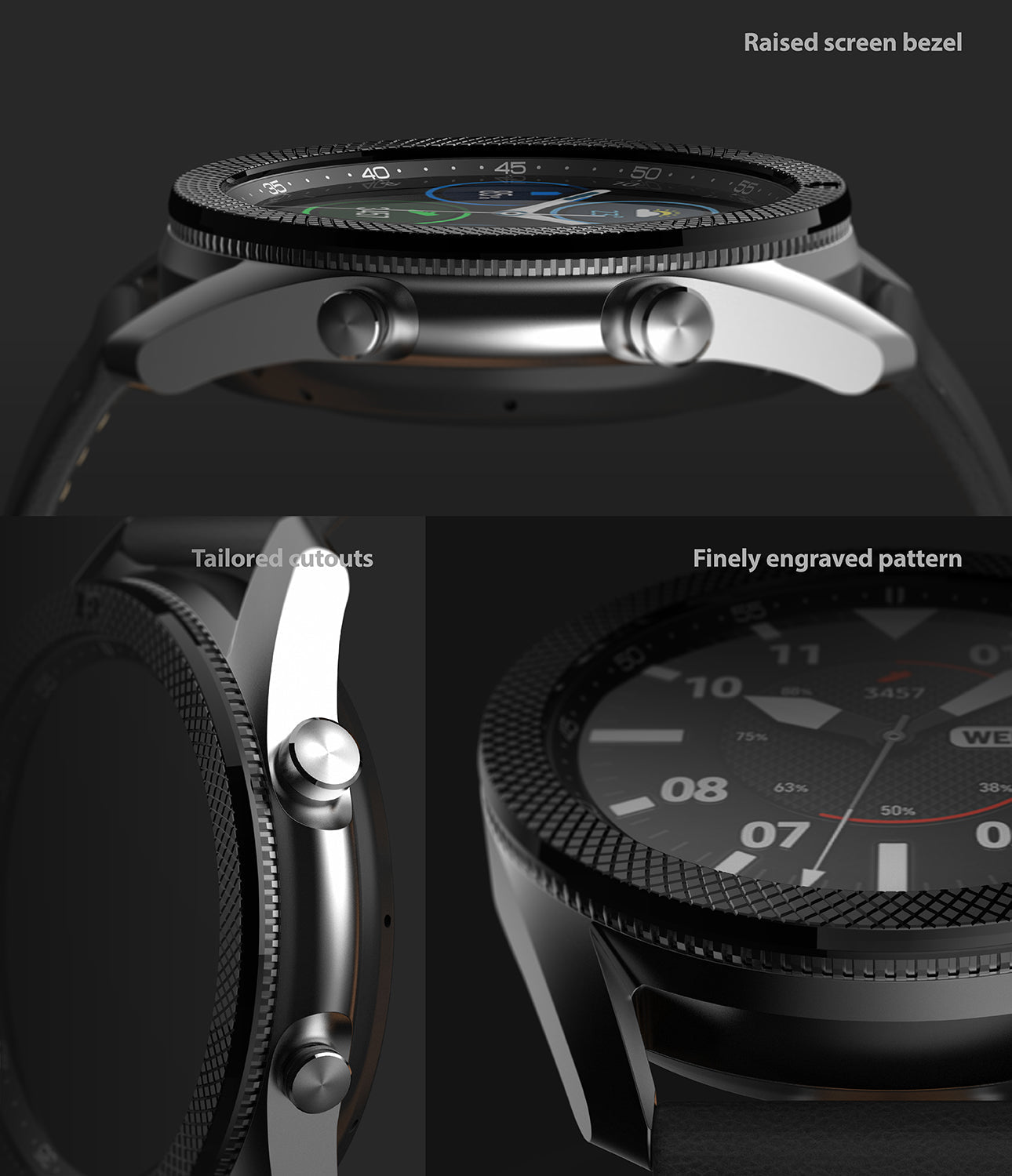 raised screen bezel / tailored cutouts / finely engraved pattern