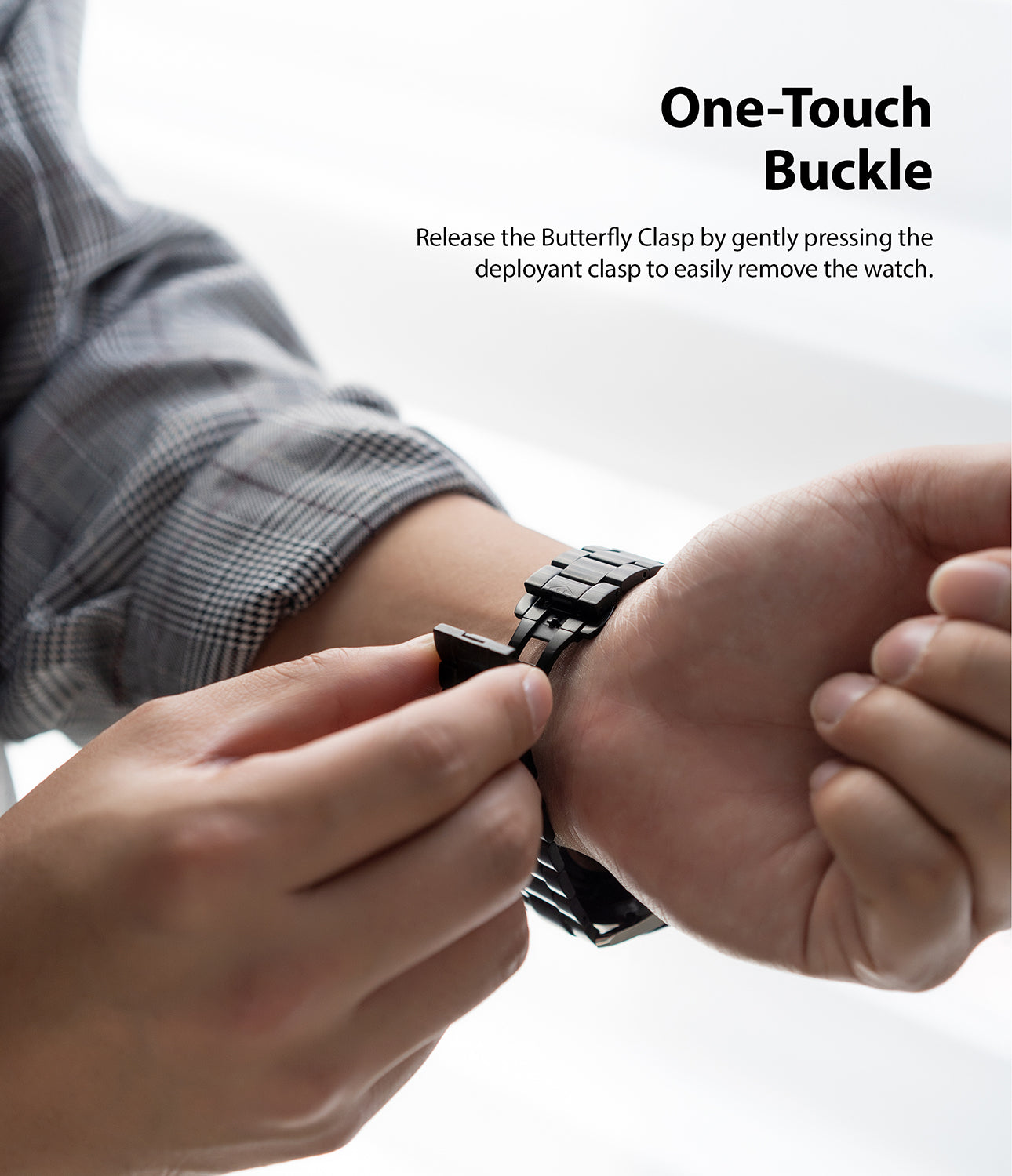 release the butterfly clasp by gently pressing the deployant clasp to eaily remove the watch