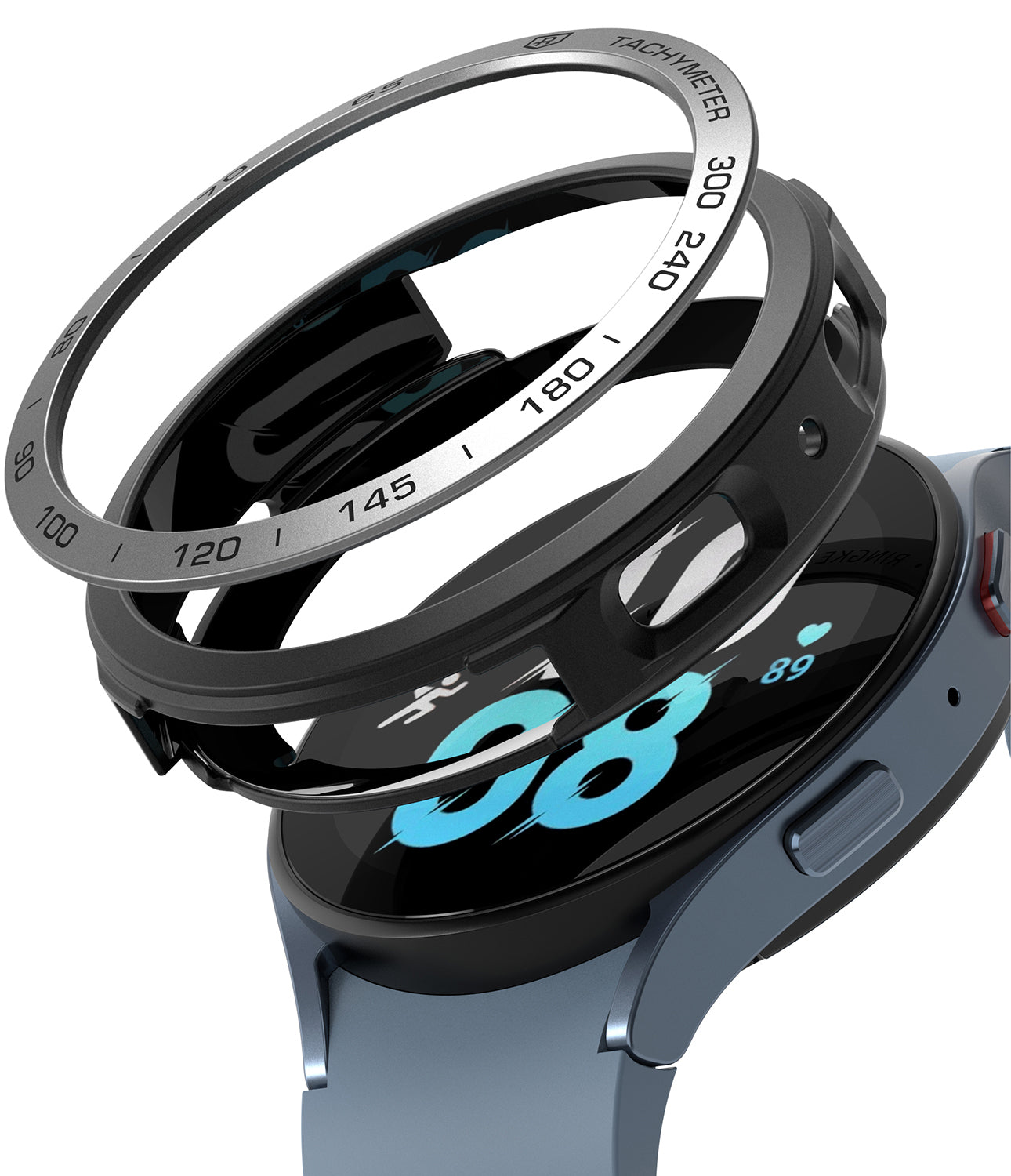 Galaxy Watch 5 44mm | Air Sports Black + Bezel Styling - Exploded view of a smartwatch with a black bezel and silver ring.