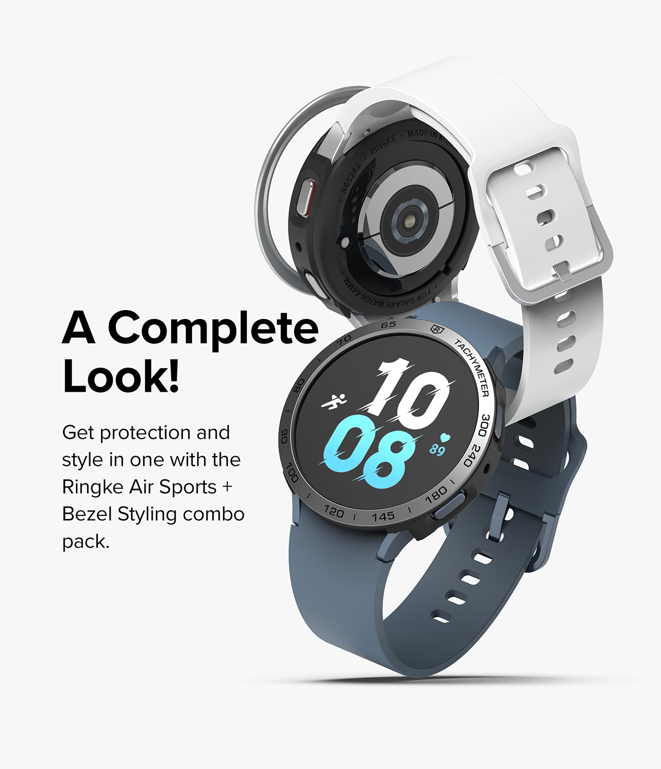 Galaxy Watch 5 44mm | Air Sports Black + Bezel Styling - Two Galaxy Watches with protective cases and blue/white straps.
