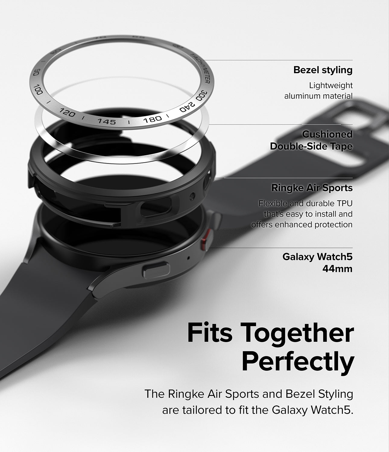 Galaxy Watch 5 44mm | Air Sports Black + Bezel Styling - Exploded view of watch case, bezel, and tape for Galaxy Watch 5.