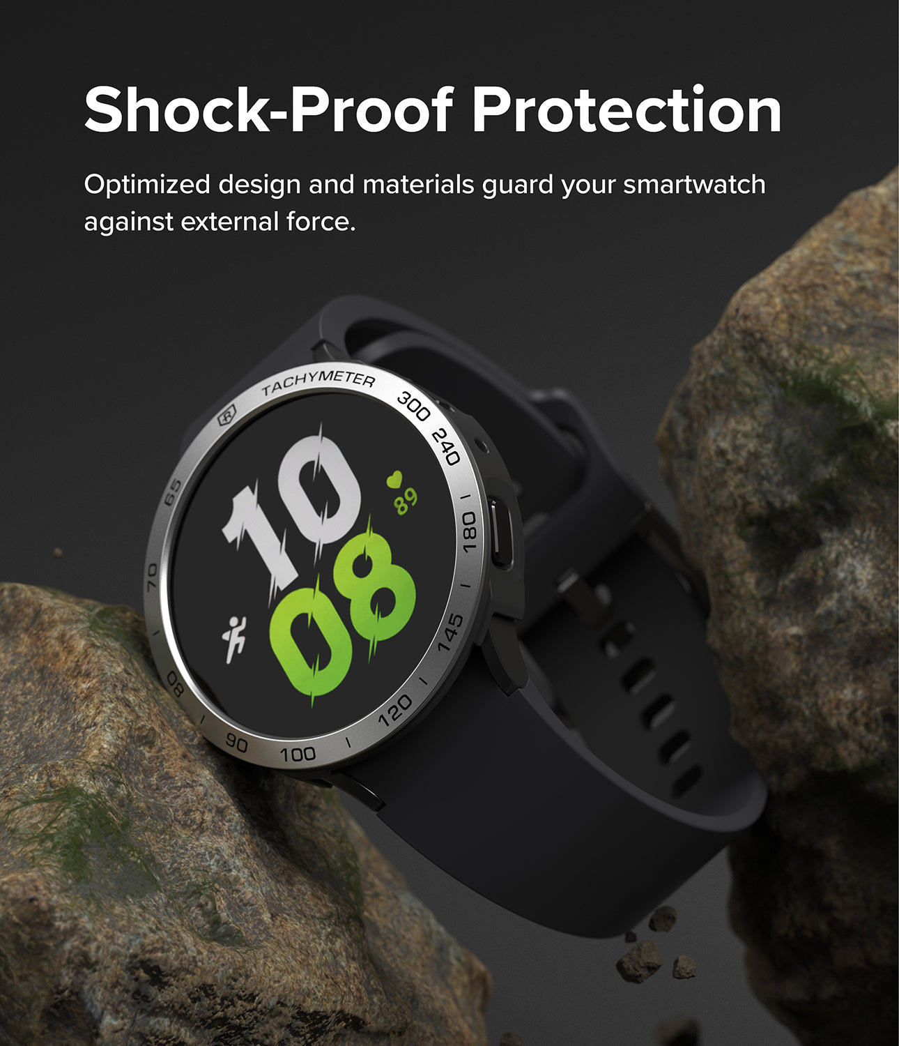 Galaxy Watch 5 44mm | Air Sports Black + Bezel Styling - Black smartwatch with silver tachymeter bezel between rocks.