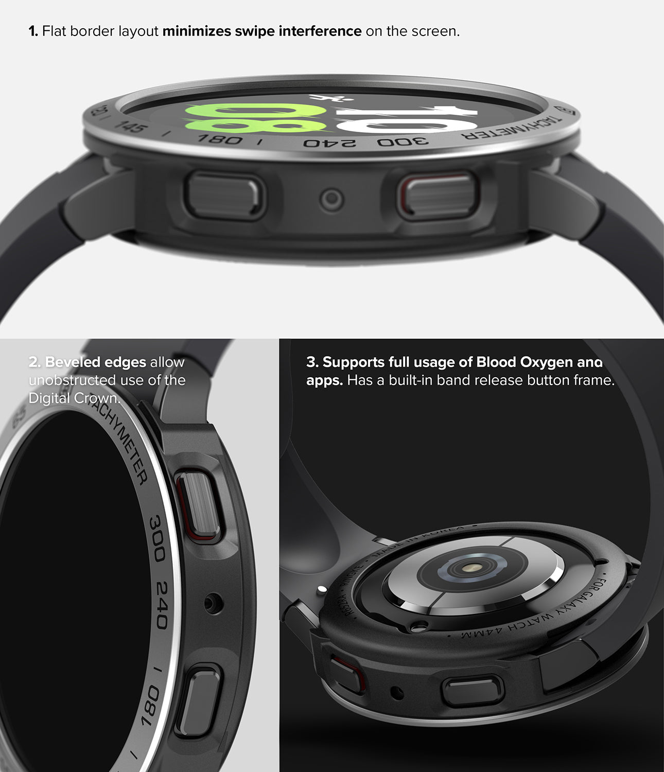 Galaxy Watch 5 44mm | Air Sports Black + Bezel Styling - Close-up views of a black watch bezel with tachymeter markings.