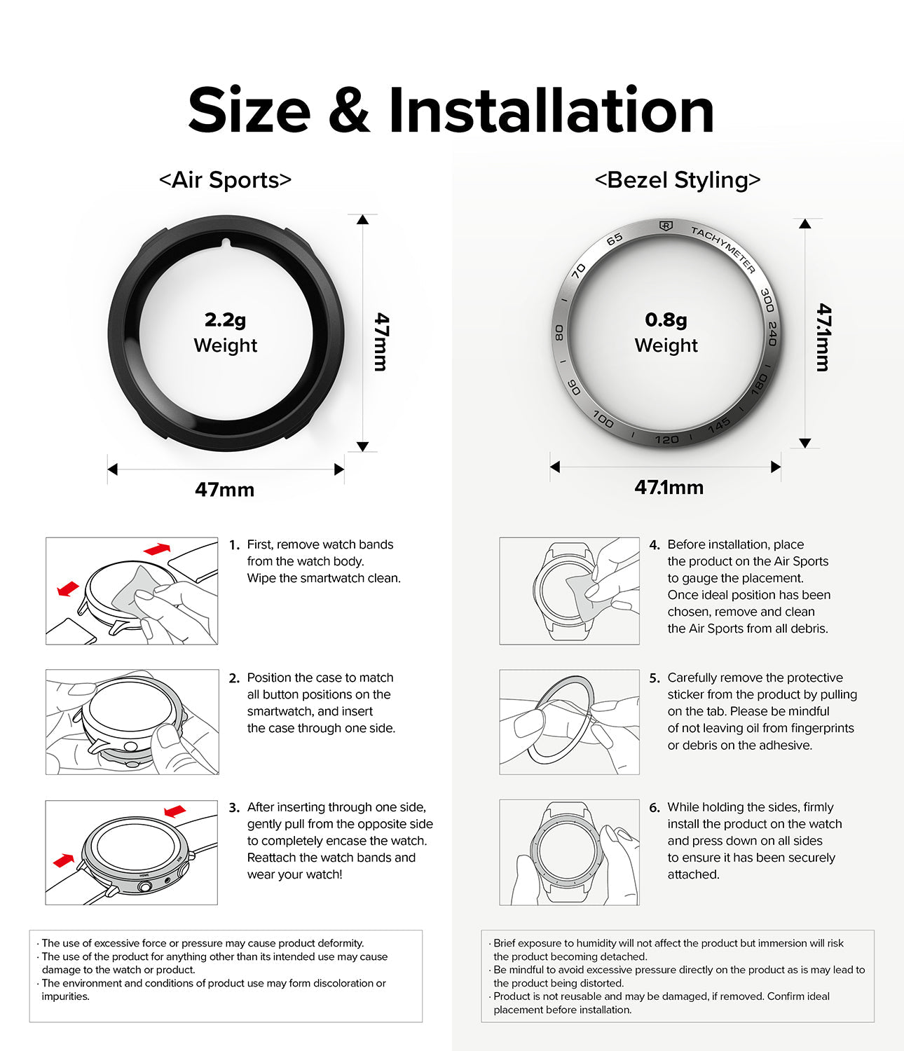 Galaxy Watch 5 44mm | Air Sports Black + Bezel Styling - Size specifications and step-by-step installation guide.