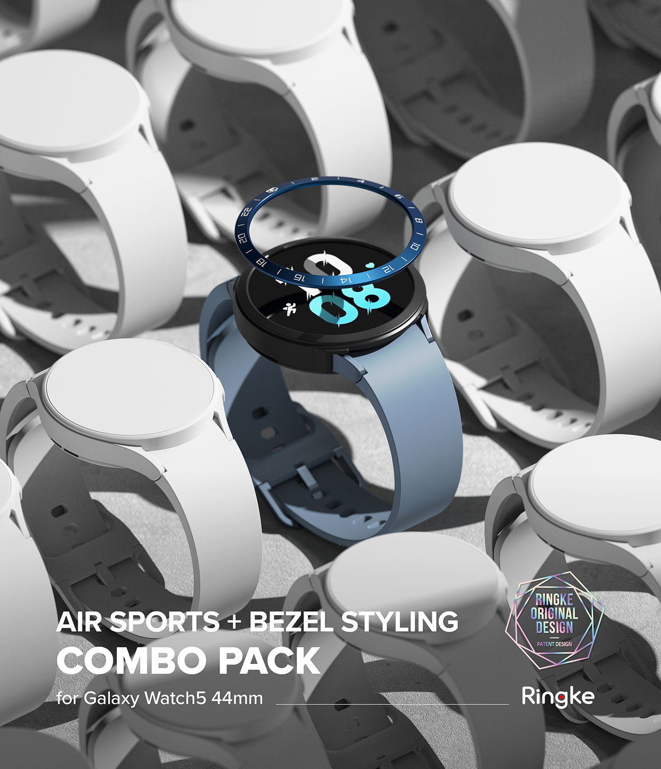 Galaxy Watch 5 44mm | Air Sports Black + Bezel Styling - Blue watch with a floating bezel ring above multiple white watches.
