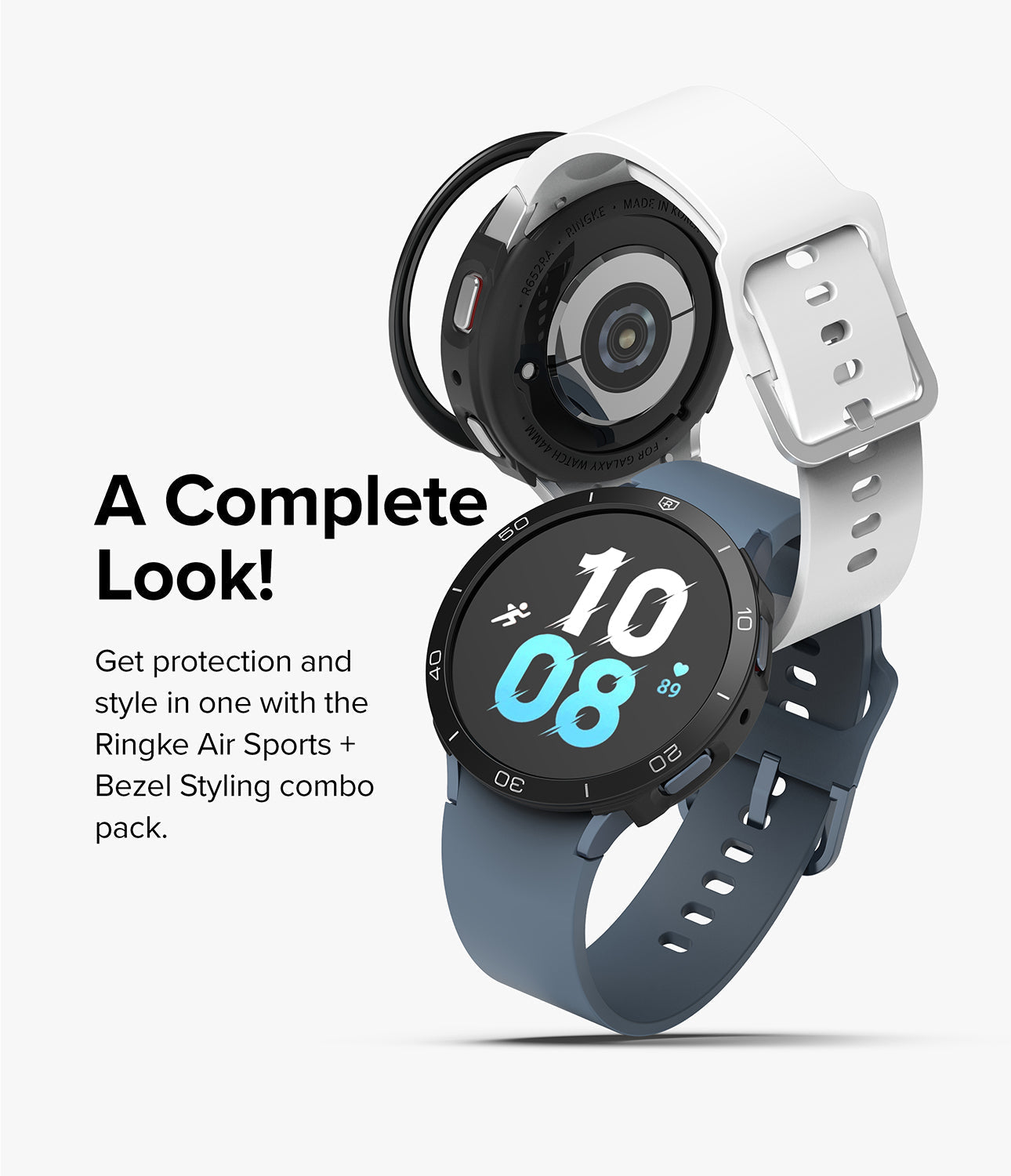 Galaxy Watch 5 44mm | Air Sports Black + Bezel Styling - Two Galaxy Watches with protective black cases and bezels.