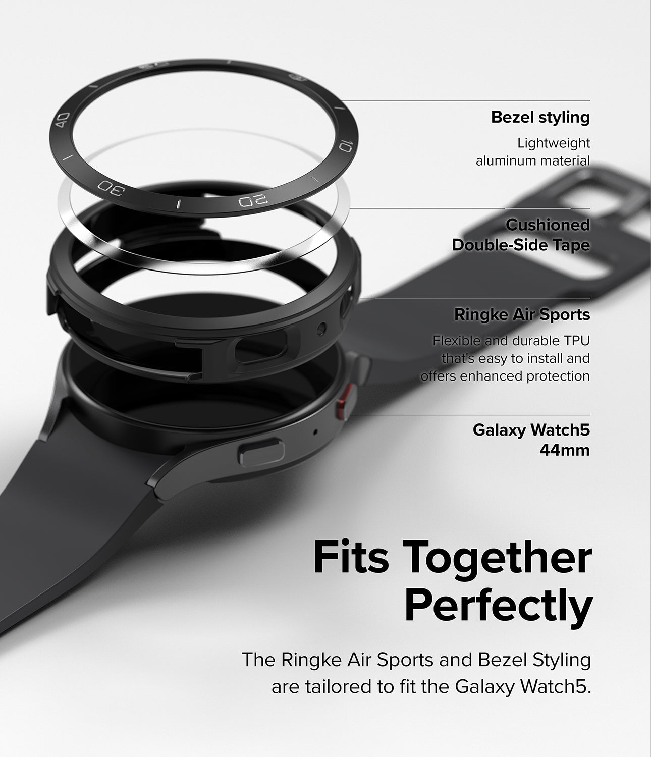 Galaxy Watch 5 44mm | Air Sports Black + Bezel Styling - Exploded view of watch case, adhesive, and bezel accessories.