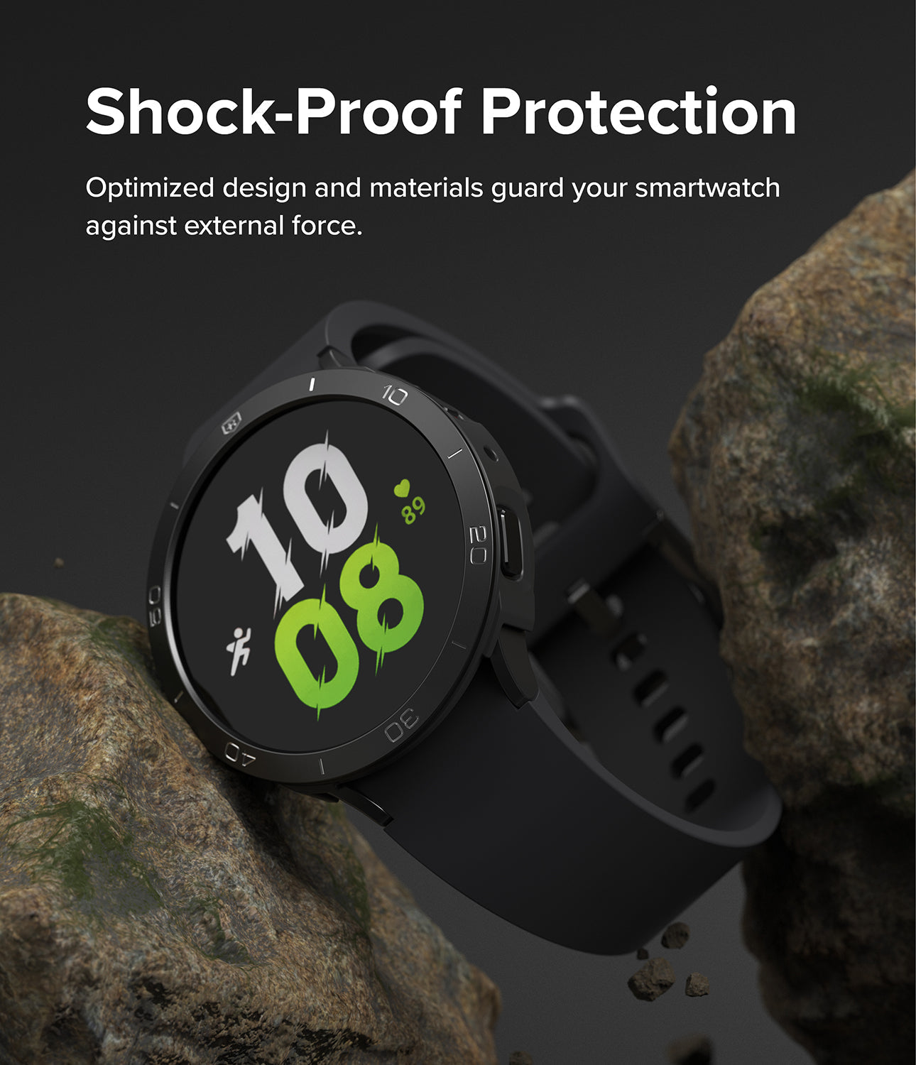 Galaxy Watch 5 44mm | Air Sports Black + Bezel Styling - Black smartwatch with protective bezel resting on rough rocks.