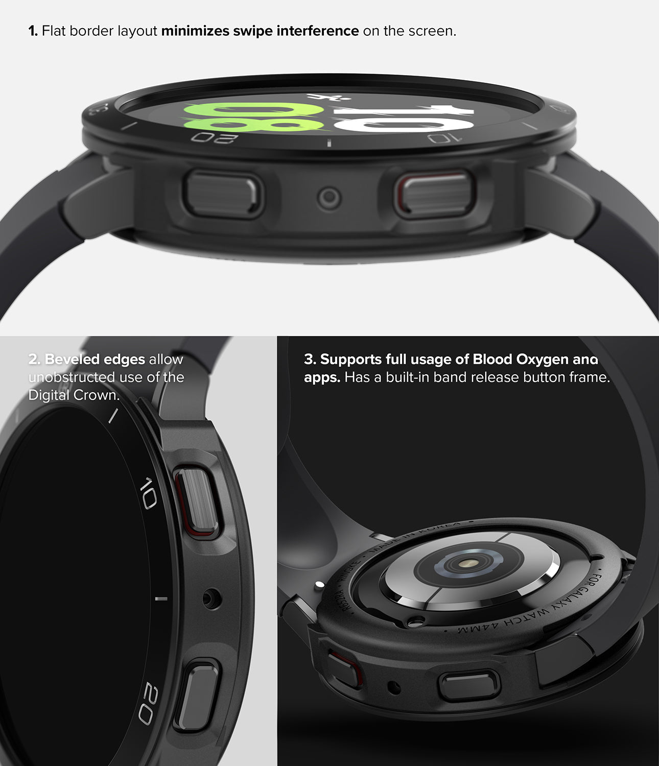 Galaxy Watch 5 44mm | Air Sports Black + Bezel Styling - Close-up views of a black smartwatch with a protective bezel.