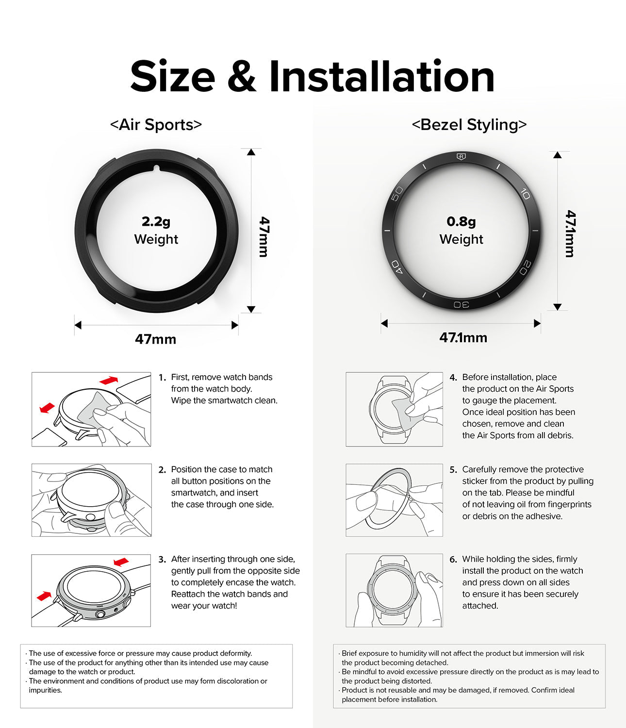 Galaxy Watch 5 44mm | Air Sports Black + Bezel Styling - Installation guide showing dimensions and 6 steps for applying watch accessories.