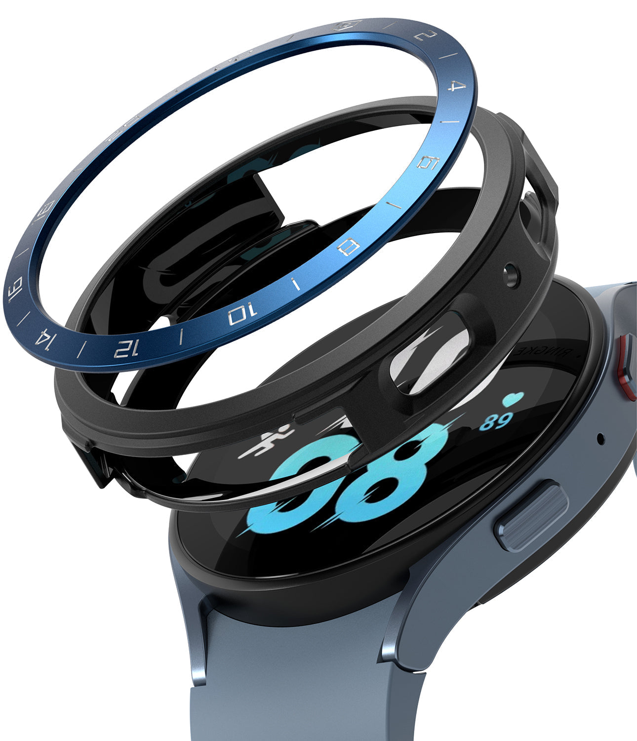 Galaxy Watch 5 44mm | Air Sports Black + Bezel Styling - Exploded view of a blue bezel ring and black watch case cover.