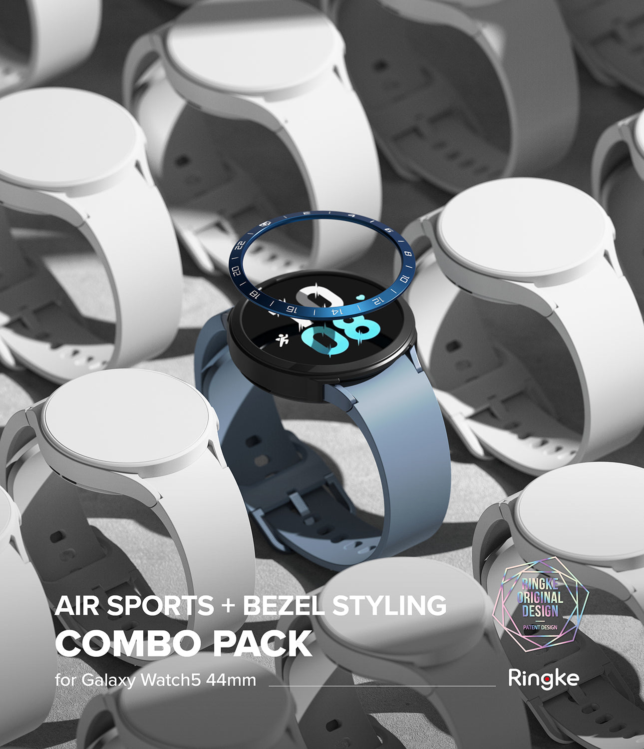 Galaxy Watch 5 44mm | Air Sports Black + Bezel Styling - Blue watch band and bezel ring hovering over a Galaxy Watch 5.