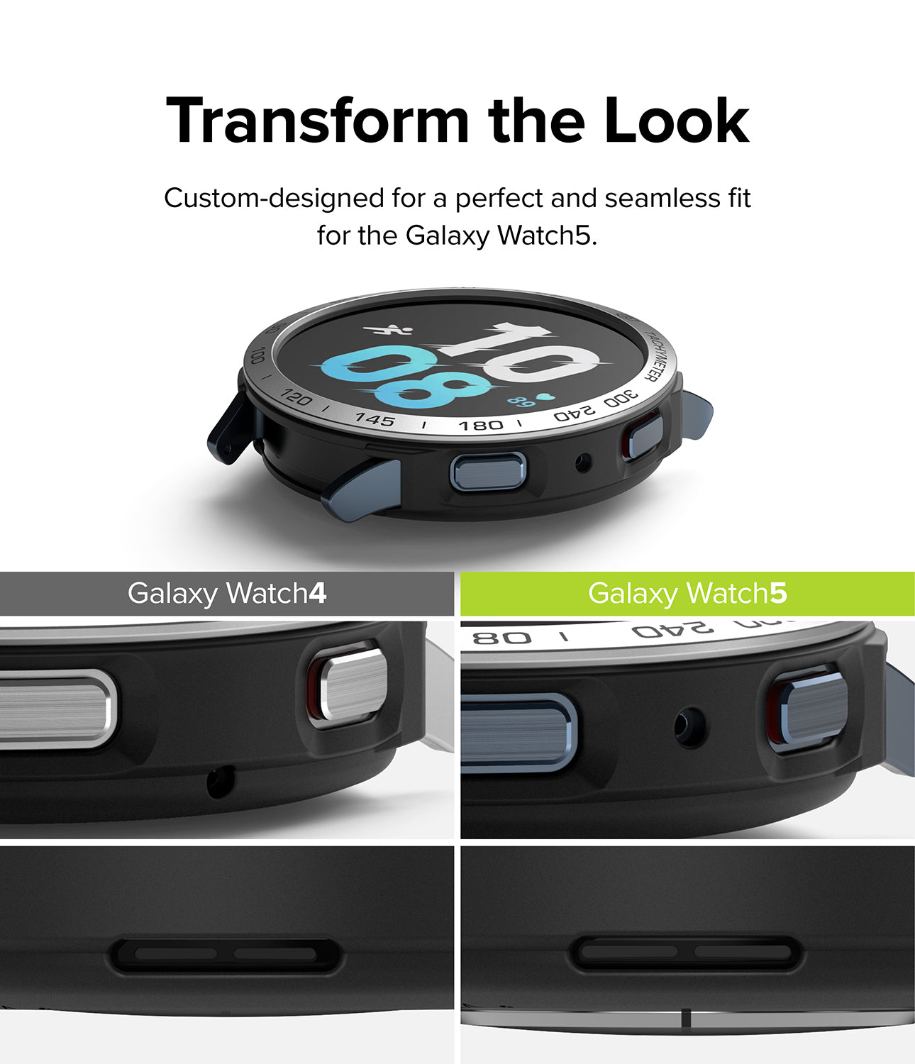 Galaxy Watch 5 44mm | Air Sports Black + Bezel Styling - Comparison of bezel styling on Galaxy Watch 4 and Watch 5.