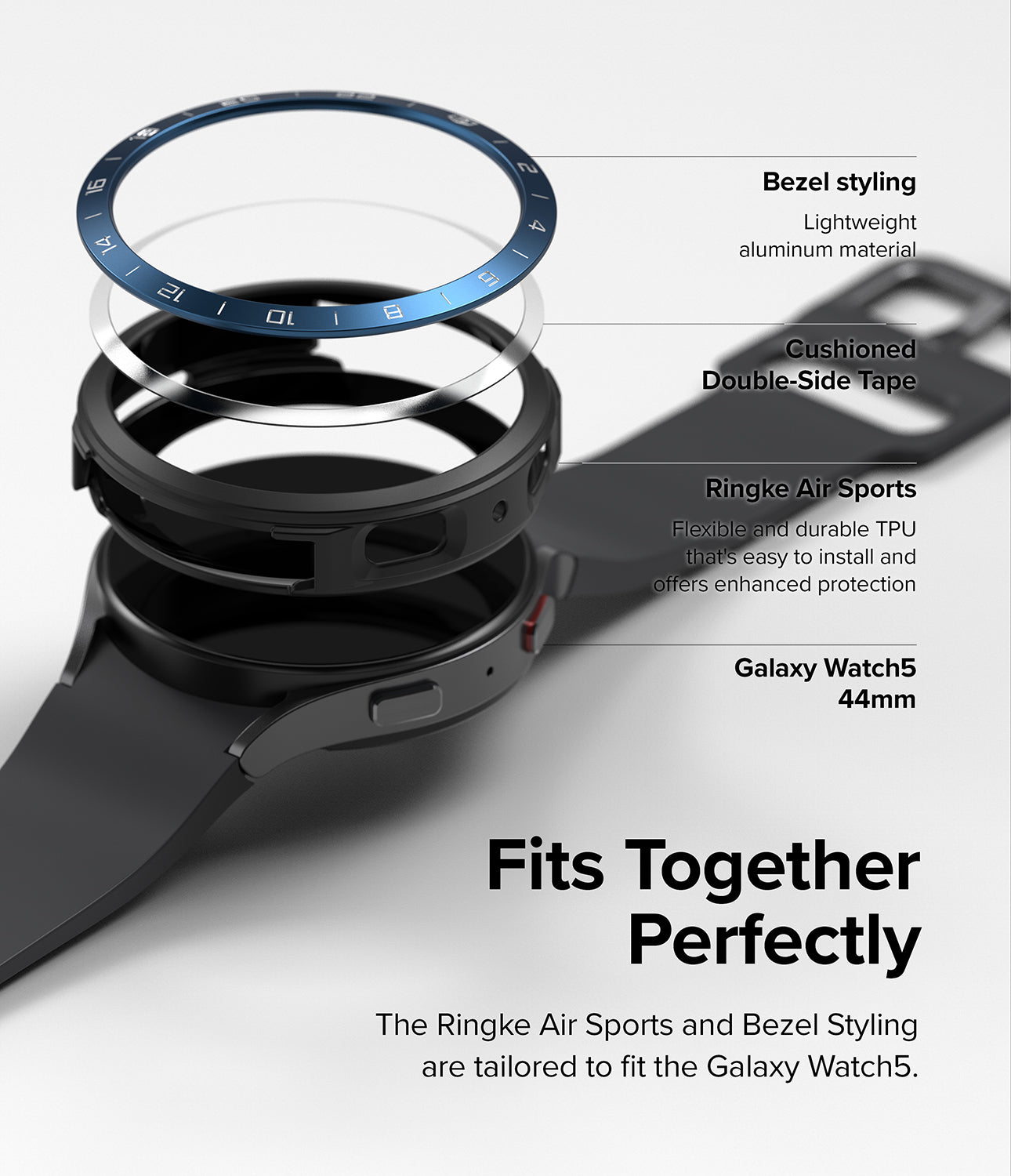 Galaxy Watch 5 44mm | Air Sports Black + Bezel Styling - Exploded view of watch case, adhesive, and blue bezel ring.