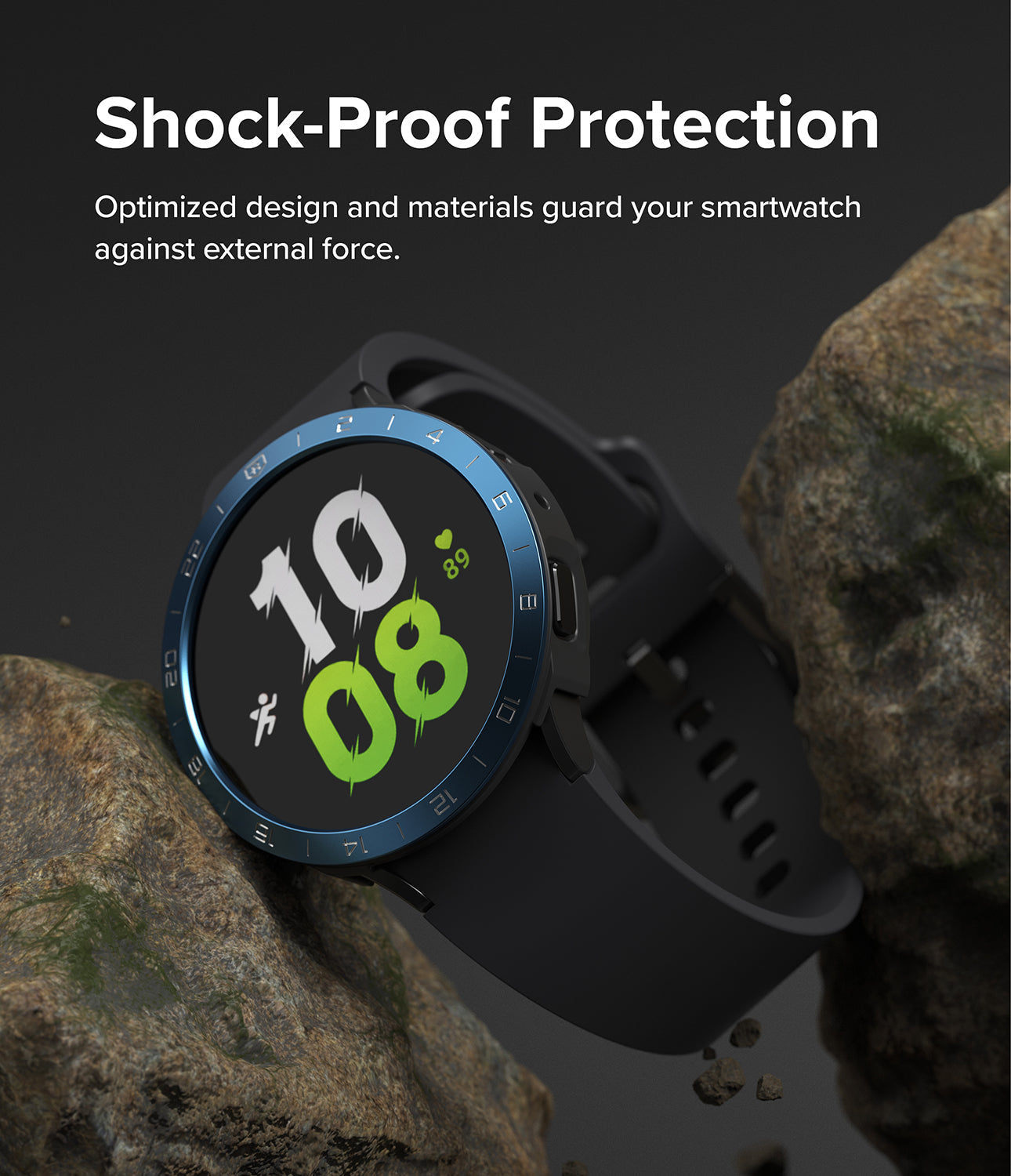 Galaxy Watch 5 44mm | Air Sports Black + Bezel Styling - Black smartwatch with blue bezel between two rugged rocks.