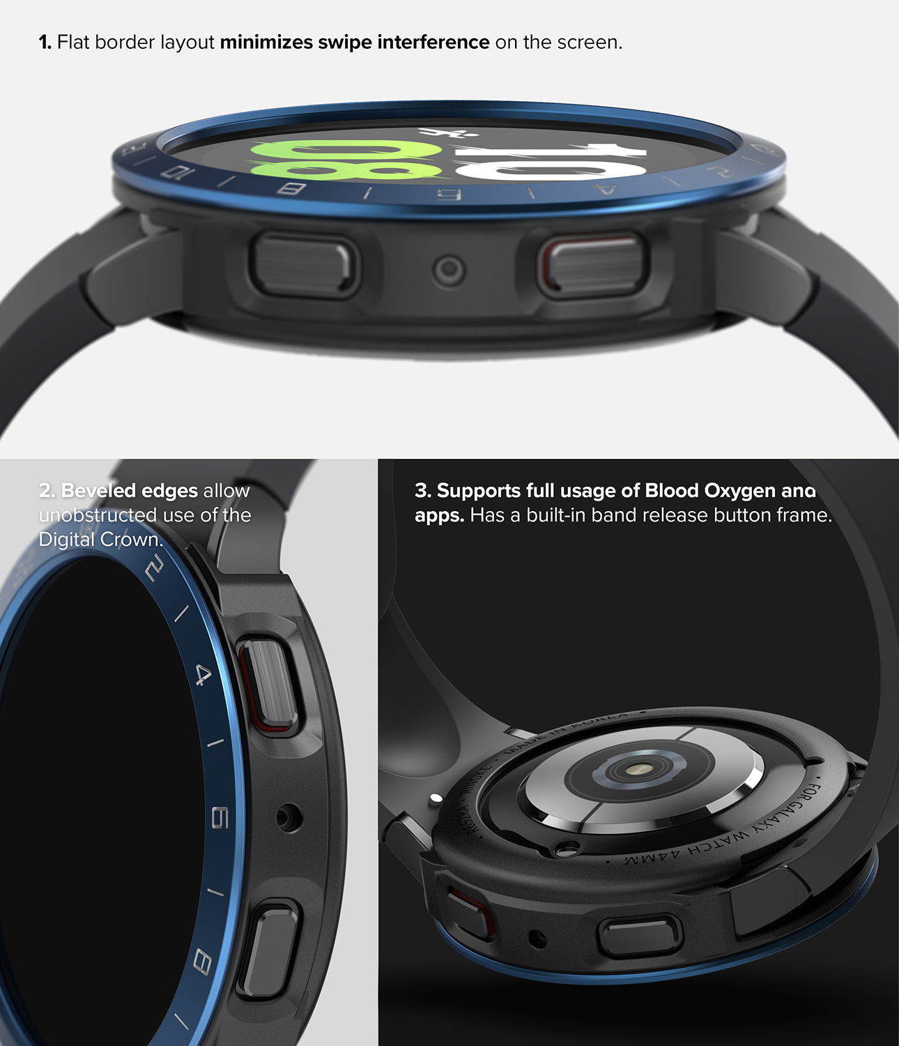 Galaxy Watch 5 44mm | Air Sports Black + Bezel Styling - Close-up views of a blue bezel styling ring on a black smartwatch.
