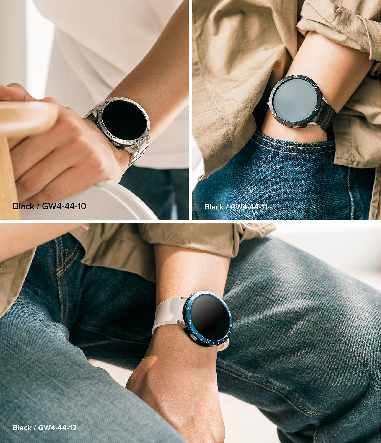 Galaxy Watch 5 44mm | Air Sports Black + Bezel Styling - Three close-up views of Galaxy Watch 5 with various bezel styles.