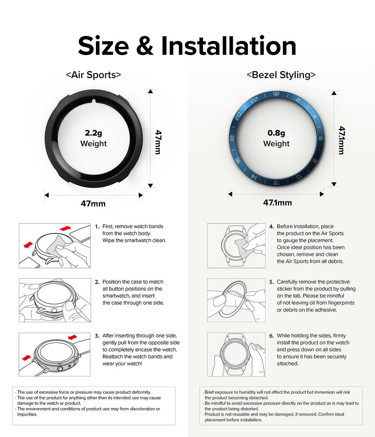 Galaxy Watch 5 44mm | Air Sports Black + Bezel Styling - Infographic showing dimensions, weights, and installation steps.