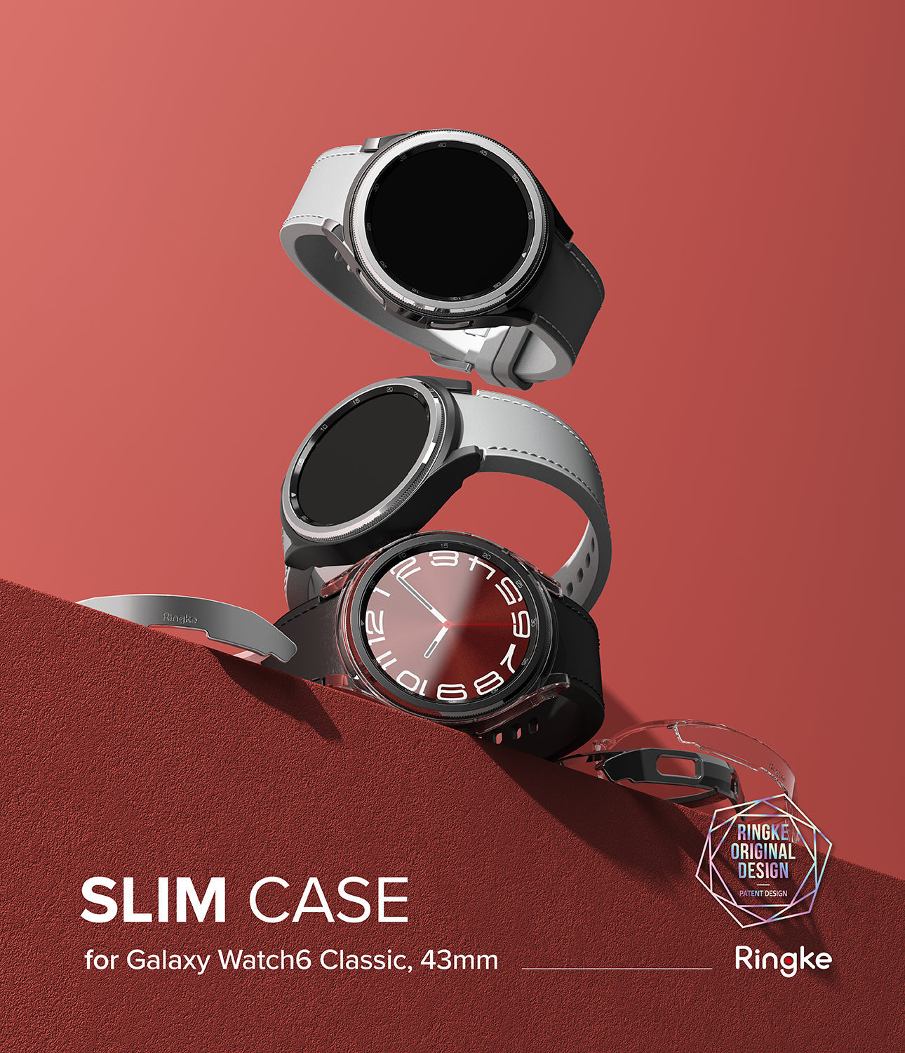 Galaxy Watch 6 Classic 43mm Case | Slim - Three Galaxy Watch 6 Classic units stacked on a red surface with a clear protective case.