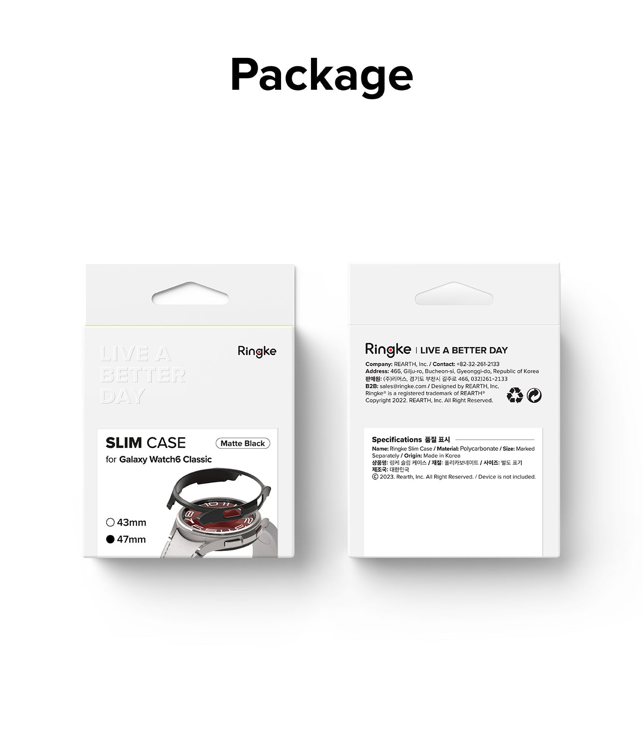 Galaxy Watch 6 Classic 47mm Case | Slim - Front and back views of Ringke Slim Case packaging for Galaxy Watch 6.