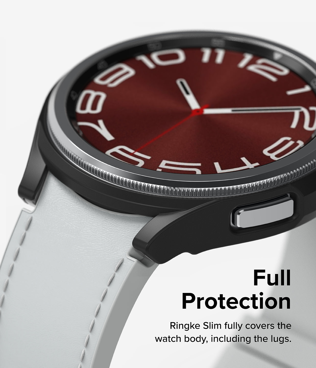 Galaxy Watch 6 Classic 47mm Case | Slim - Black protective case on a smartwatch with a white band and red watch face.