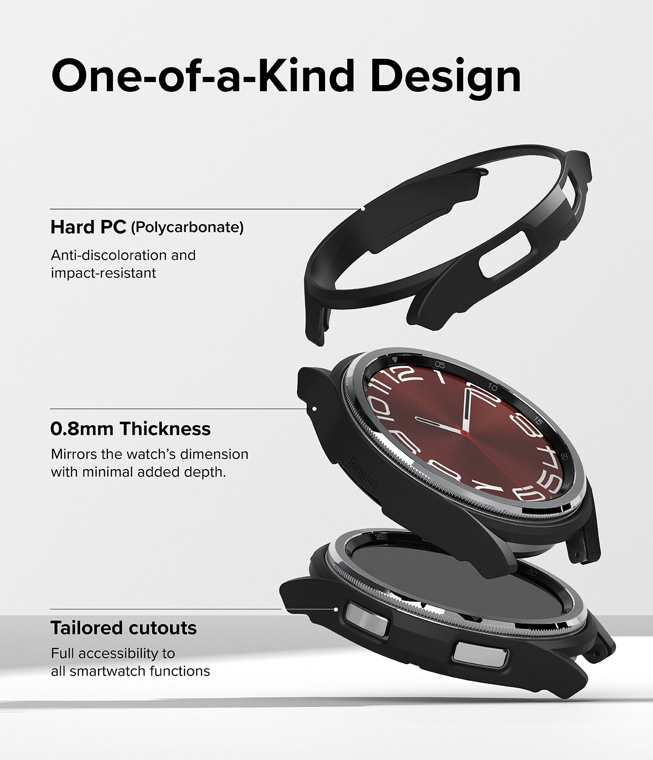 Galaxy Watch 6 Classic 47mm Case | Slim - Exploded view of a black watch case highlighting material, thinness, and cutouts.