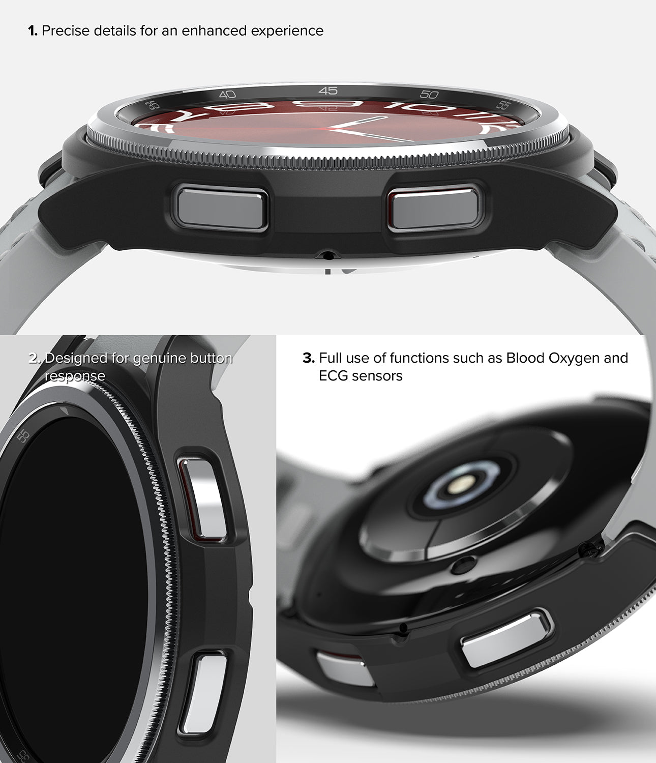 Galaxy Watch 6 Classic 47mm Case | Slim - Close-up views of a black protective watch case highlighting button access.