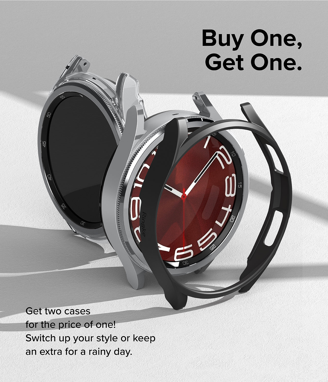 Galaxy Watch 6 Classic 47mm Case | Slim - Two slim watch cases, one clear and one black, displayed with a smartwatch.