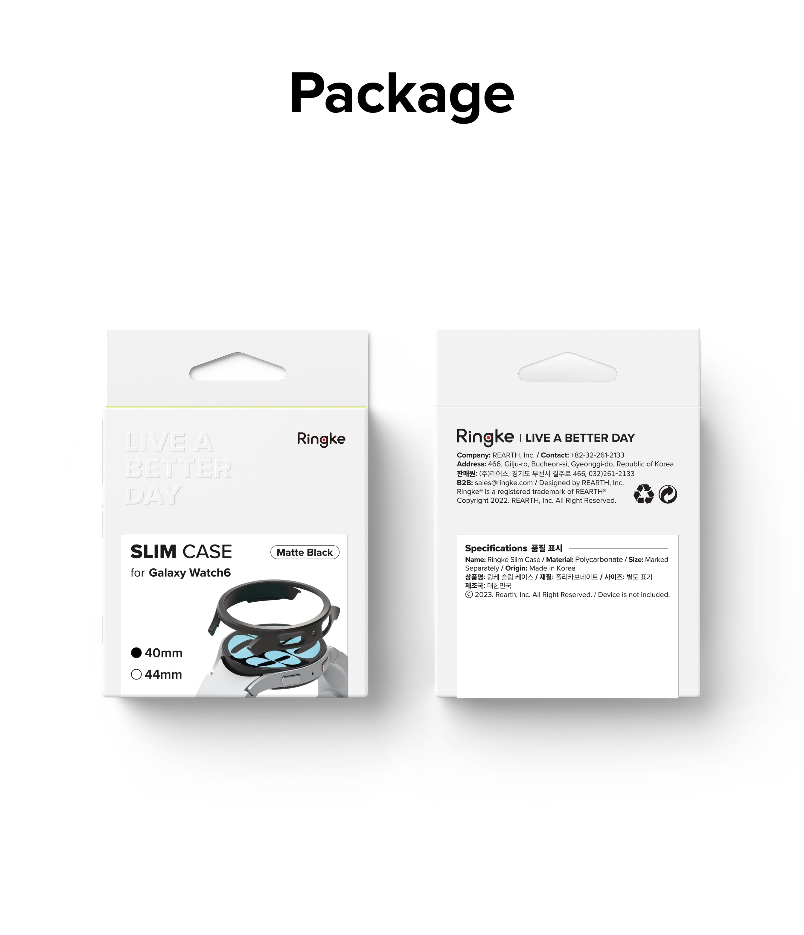Galaxy Watch 6 40mm Case | Slim - Front and back views of white Ringke Slim Case packaging for Galaxy Watch 6.