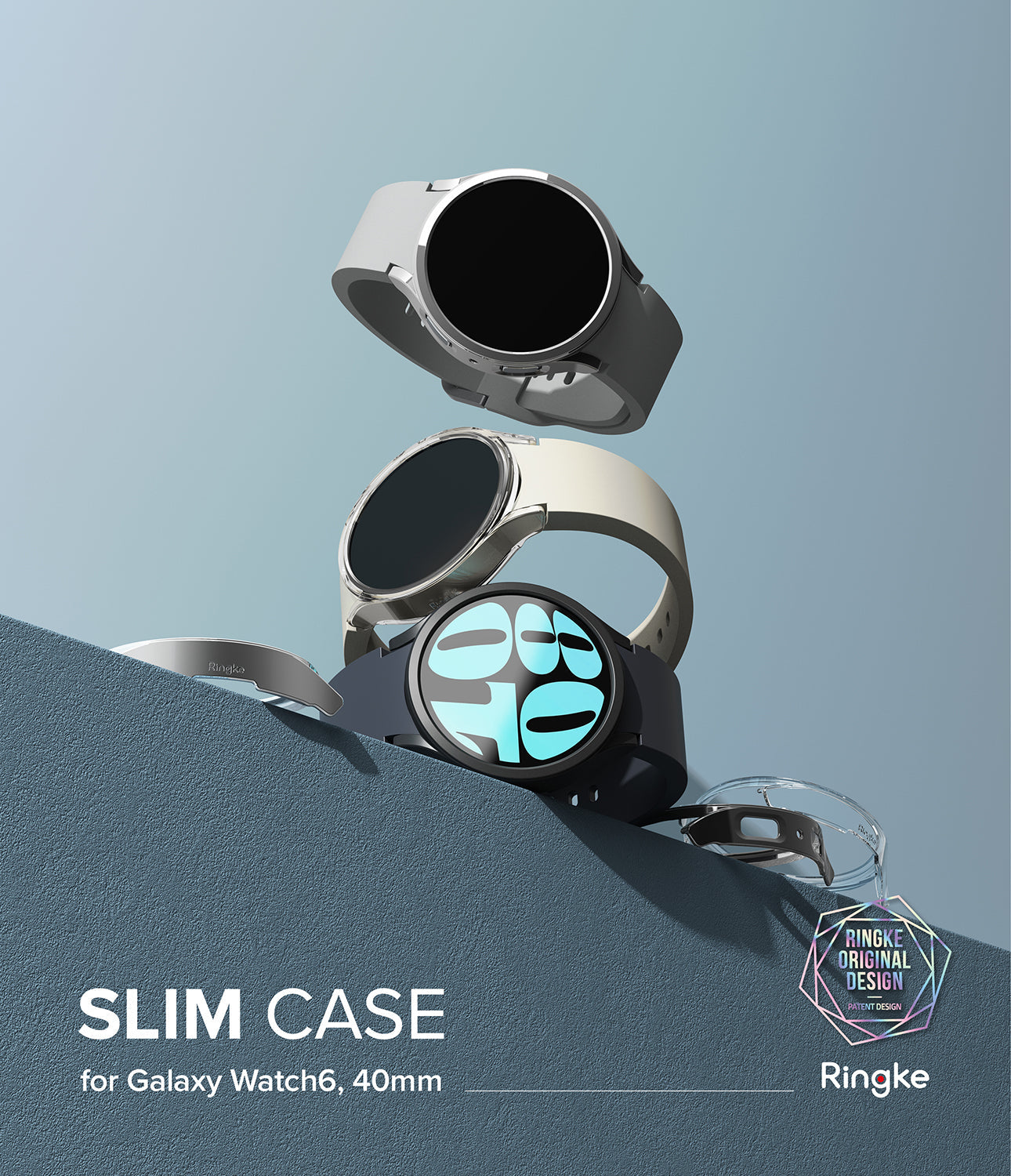 Galaxy Watch 6 40mm Case | Slim - Three Galaxy Watch 6 units stacked on a blue surface with slim protective cases.