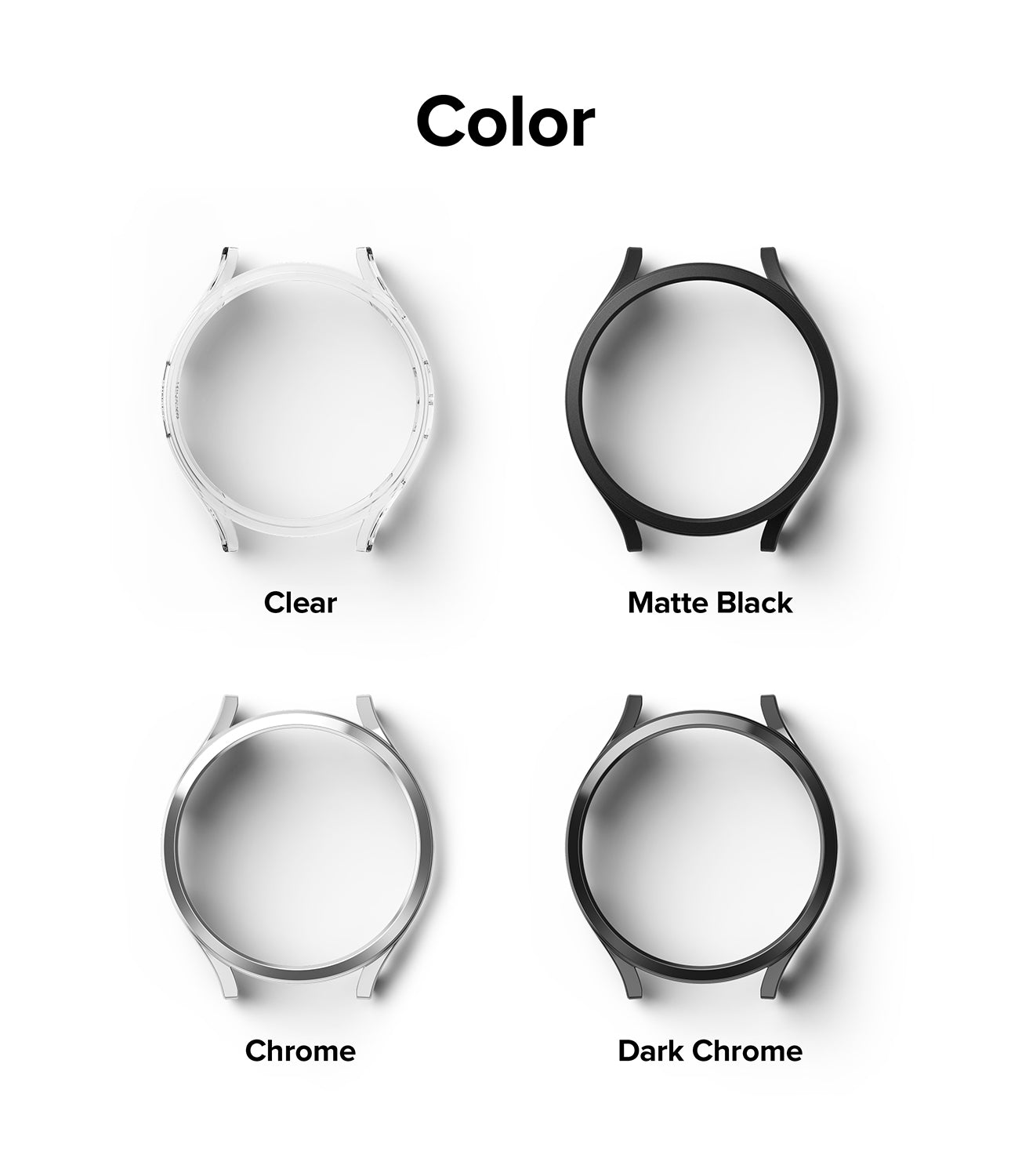 Galaxy Watch 6 40mm Case | Slim - Four watch cases in clear, matte black, chrome, and dark chrome arranged in a grid.