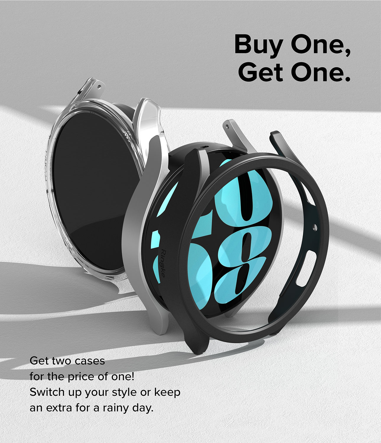 Galaxy Watch 6 40mm Case | Slim - Two slim watch cases in clear and black floating above a white surface with promotional text.