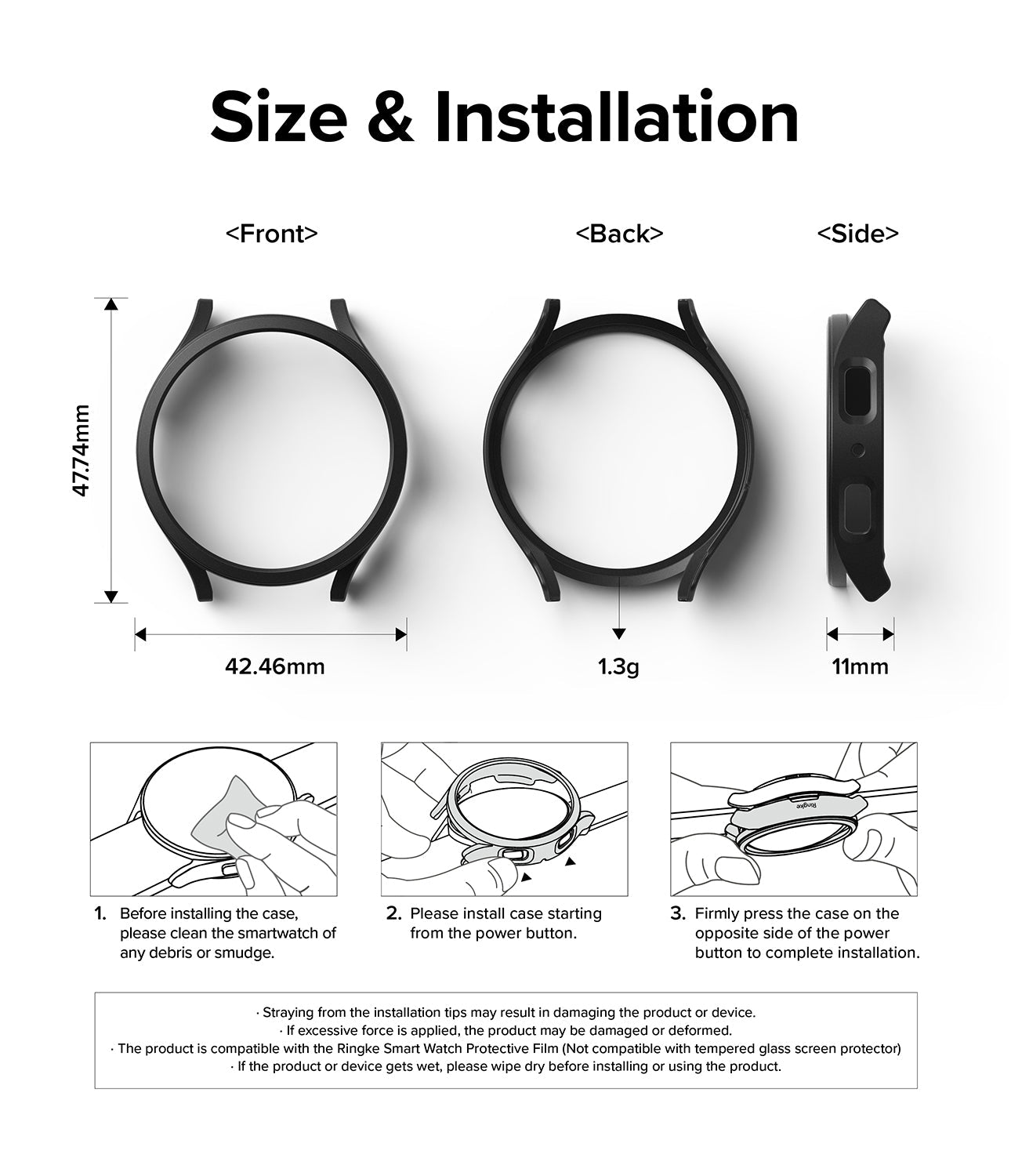 Galaxy Watch 6 40mm Case | Slim - Dimensions, weight, and three-step installation guide for a black smartwatch case.