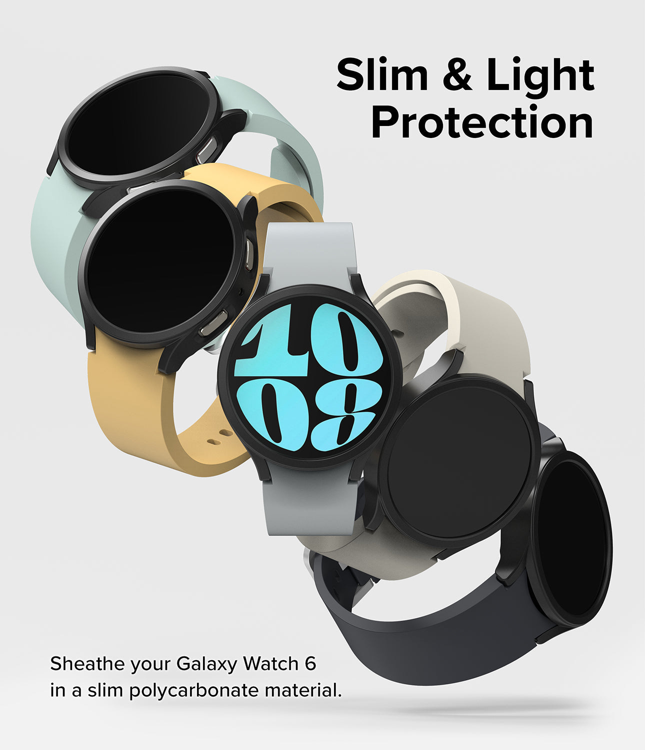 Galaxy Watch 6 44mm Case | Slim - Five Galaxy Watch 6 units with slim cases in various colors floating against a white background.