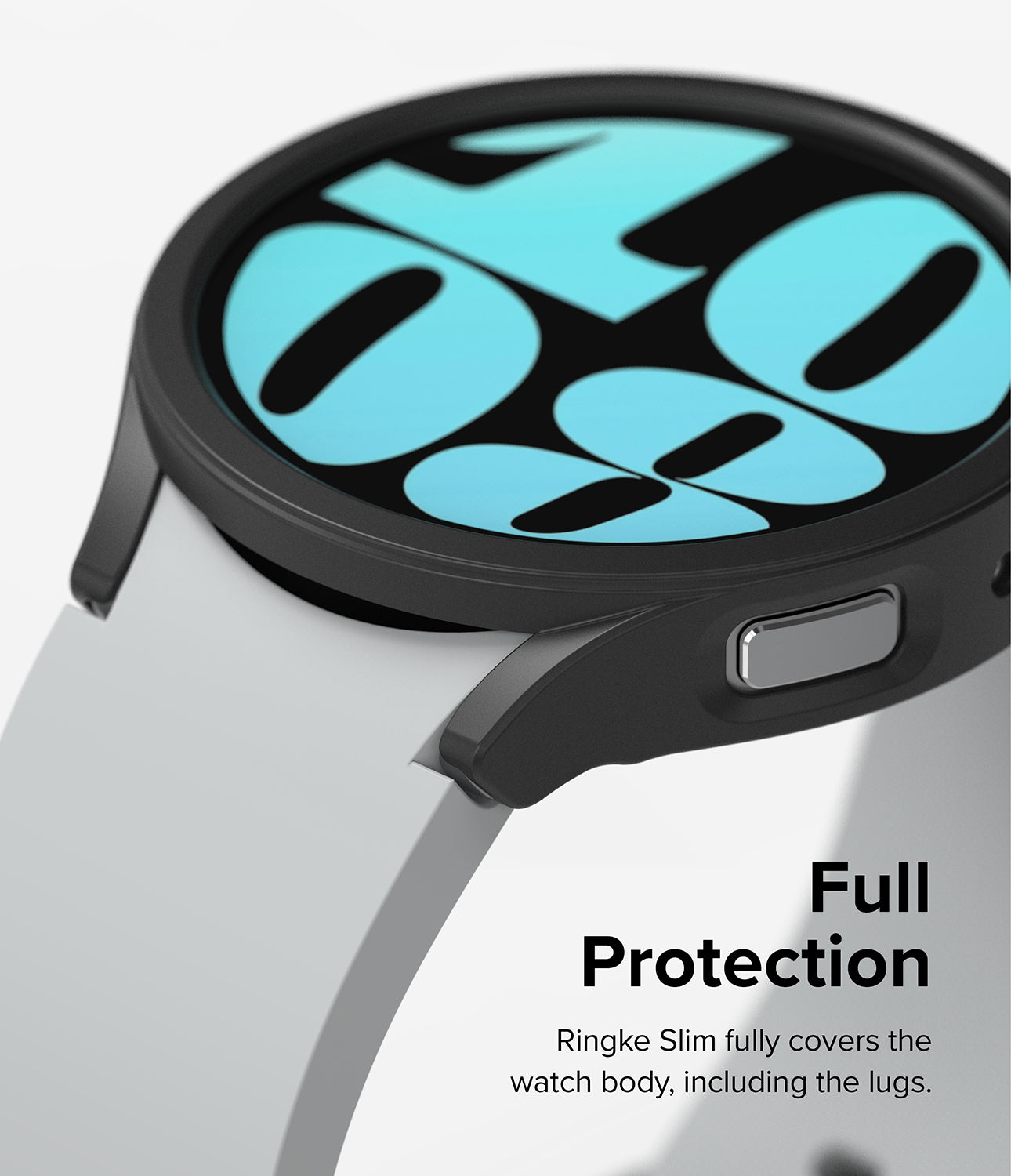 Galaxy Watch 6 44mm Case | Slim - Black protective case covering the watch body and lugs with a light blue digital clock face.