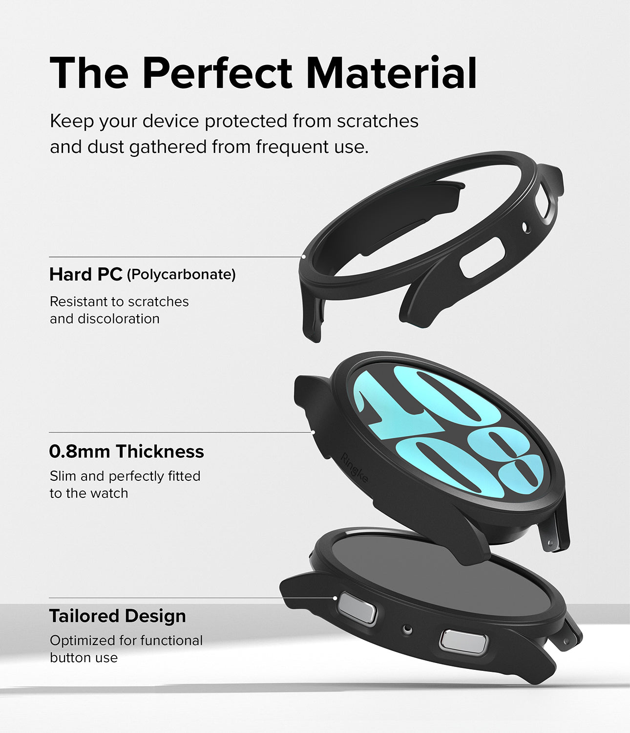 Galaxy Watch 6 44mm Case | Slim - Exploded view of a black protective watch case highlighting material and design features.