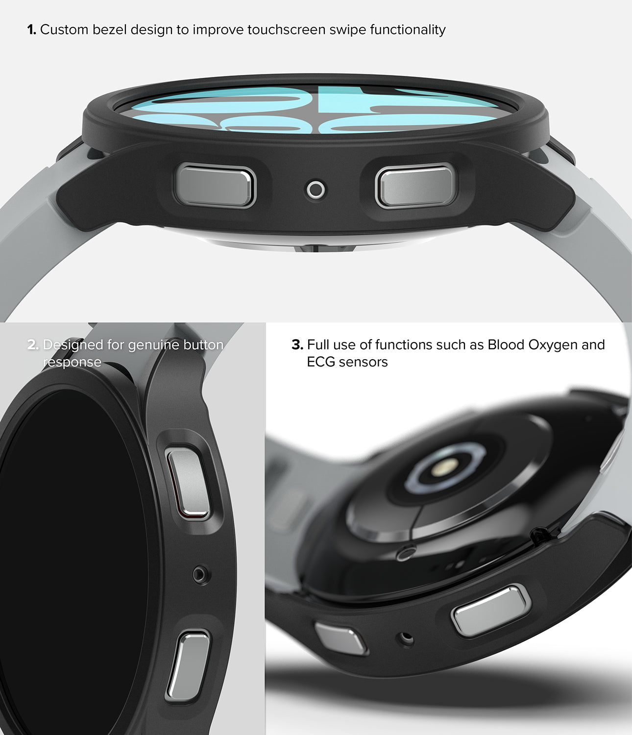 Galaxy Watch 6 44mm Case | Slim - Close-up views of a black watch case highlighting bezel design, button access, and sensor clearance.