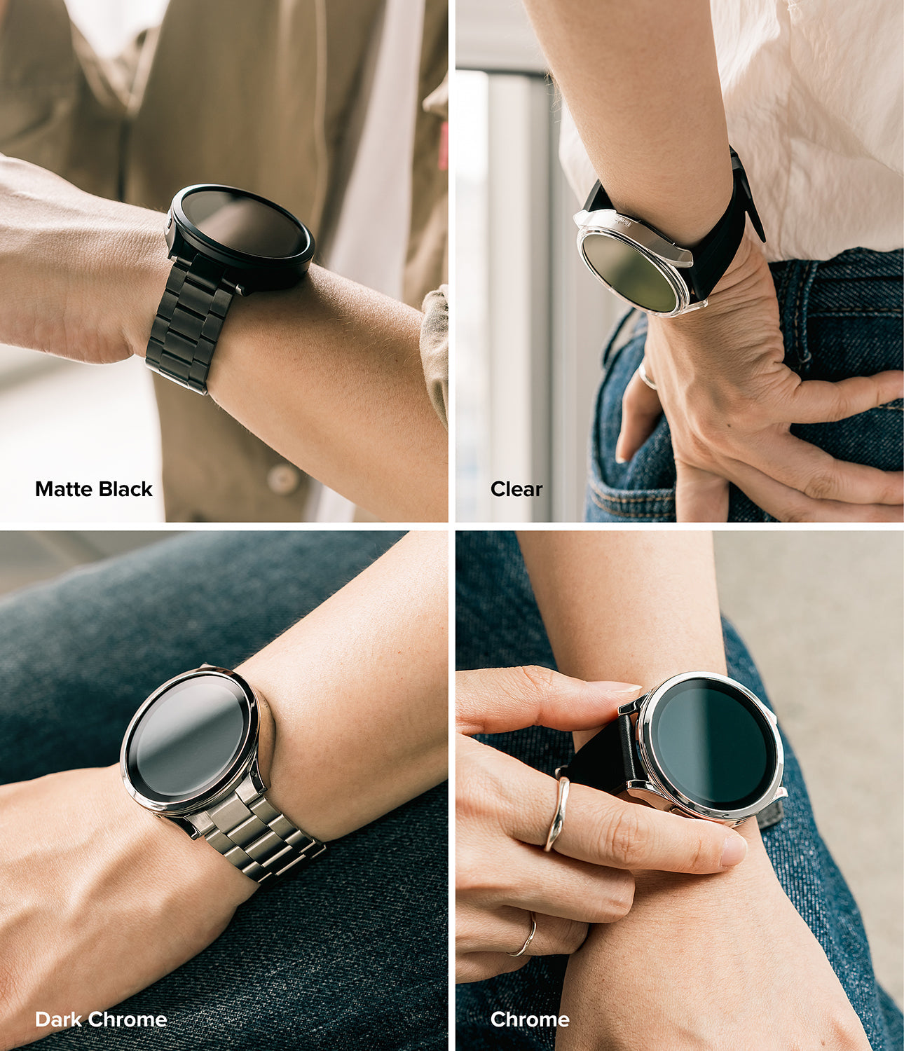 Galaxy Watch 6 44mm Case | Slim - Four wrists wearing Galaxy Watch 6 with slim cases in matte black, clear, dark chrome, and chrome.