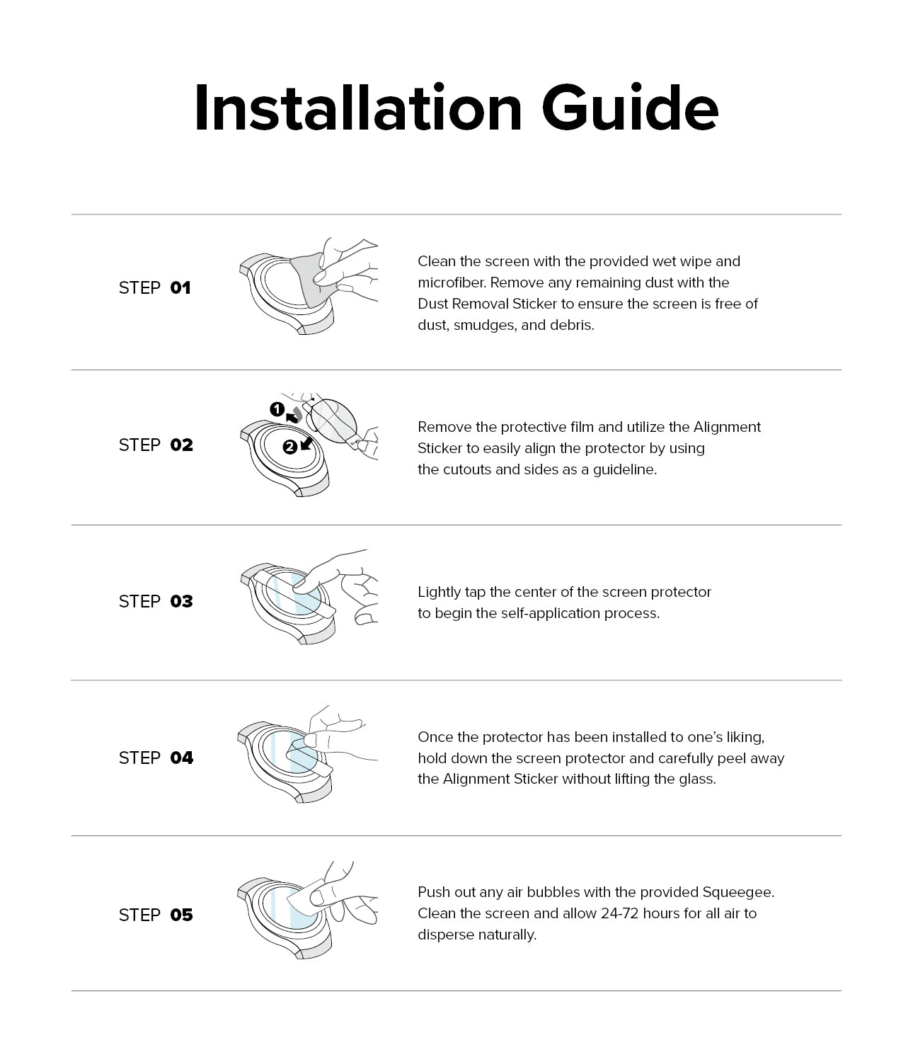 Galaxy Watch 6 40mm Screen Protector | Glass - R8 - Five-step illustrated guide for installing a watch screen protector.