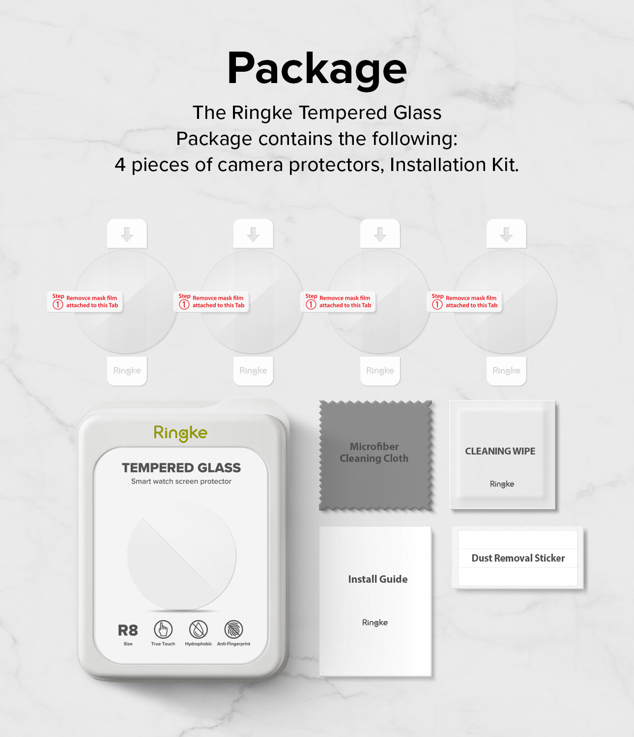 Galaxy Watch 6 40mm Screen Protector | Glass - R8 - Four circular screen protectors, cleaning cloth, wipe, and guide.