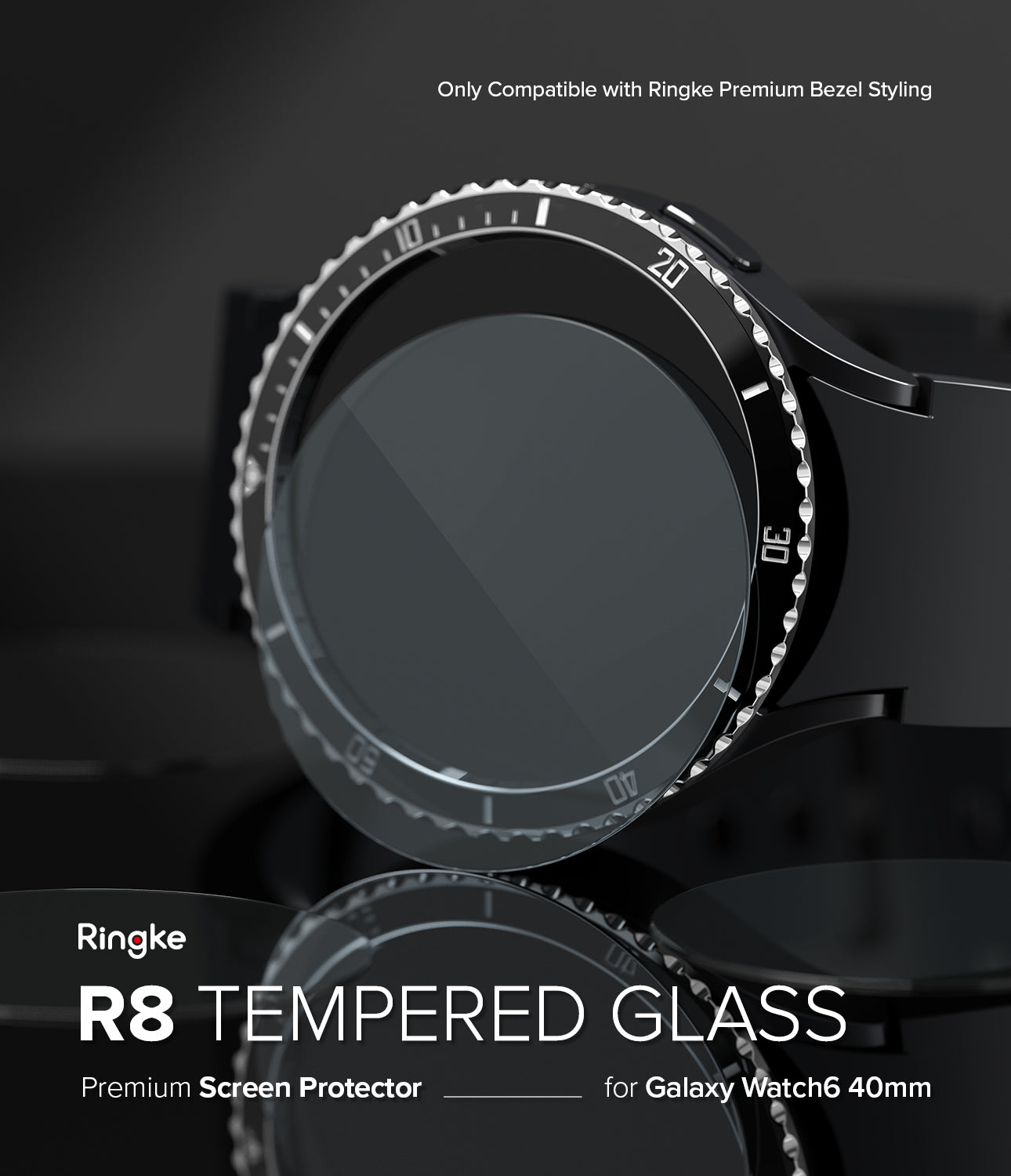 Galaxy Watch 6 40mm Screen Protector | Glass - R8 - Tempered glass screen protector on a black Galaxy Watch 6.