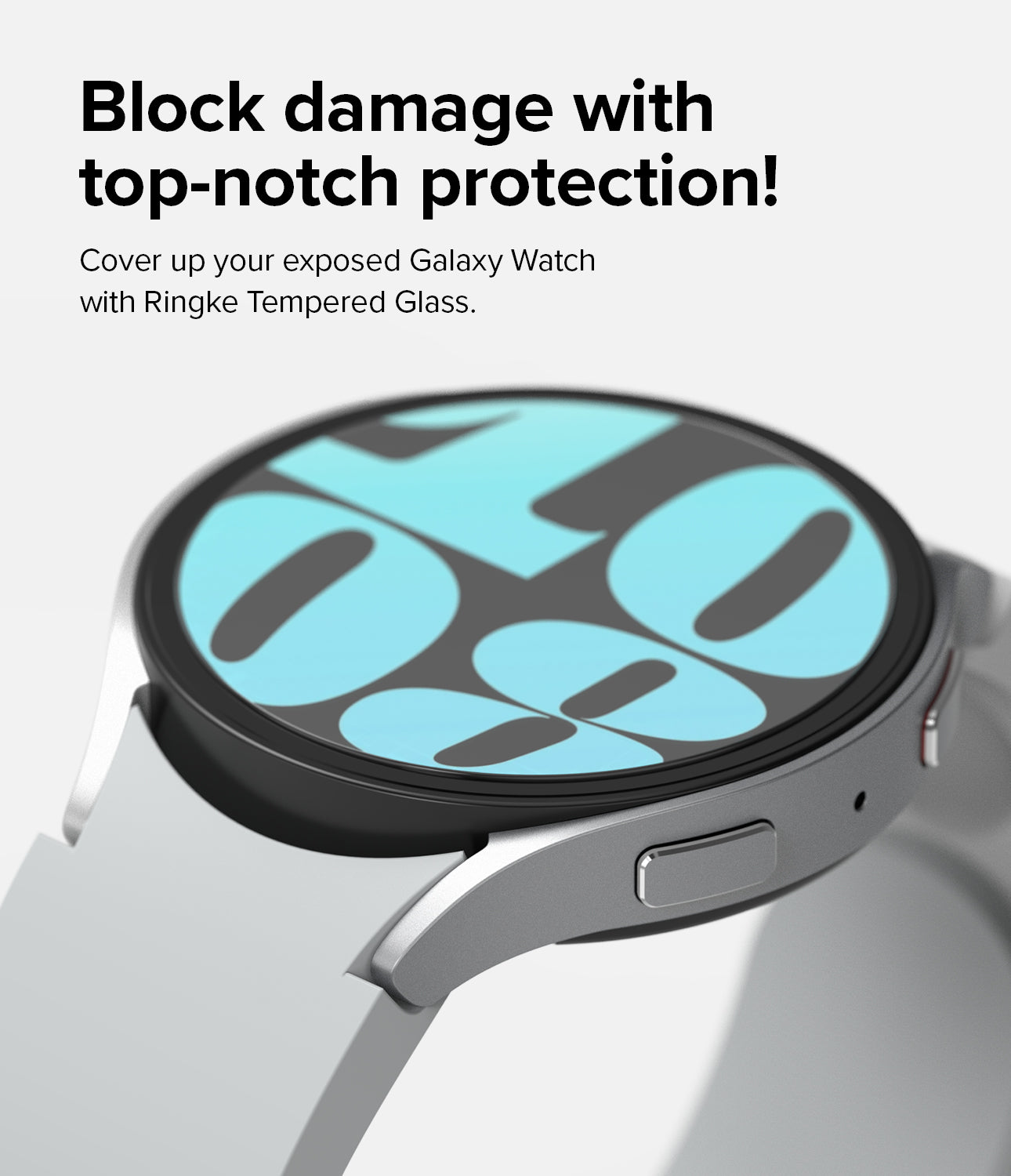 Galaxy Watch 6 40mm Screen Protector | Glass - R8 - Close-up of a silver Galaxy Watch 6 with a tempered glass screen protector.