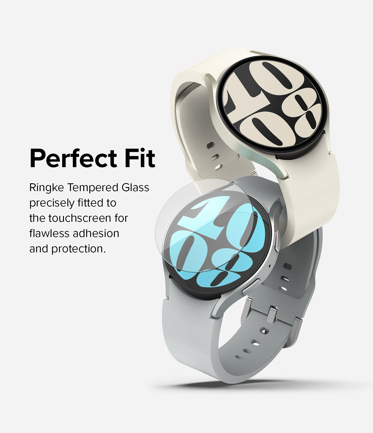 Galaxy Watch 6 40mm Screen Protector | Glass - R8 - Galaxy Watch 6 40mm Screen Protector - Two smartwatches with a tempered glass screen protector hovering above one display.